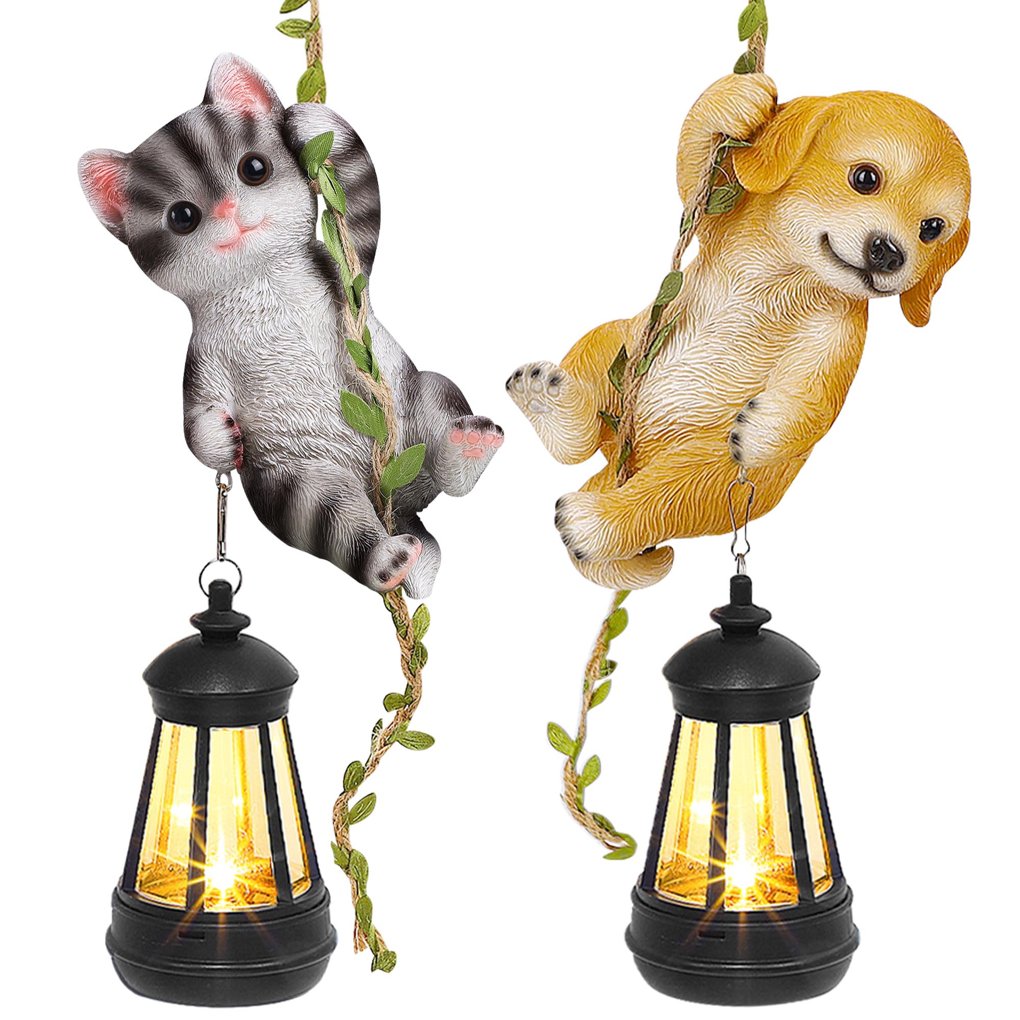 ZaaYee Set of 2 Solar Hanging Statue, Outdoor Resin Black White Cat & Golden Retriever Dog Figurine with LED Lights, Animal Orna