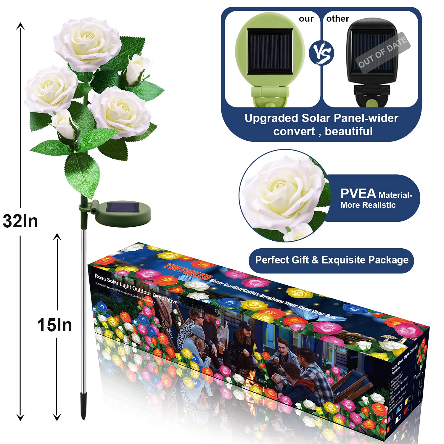 YWYWLED Solar Flower Lights - LED Waterproof Stake Lights, 1 Pack, White, Model 2023-5-12, Two Modes, Realistic Roses for Garden