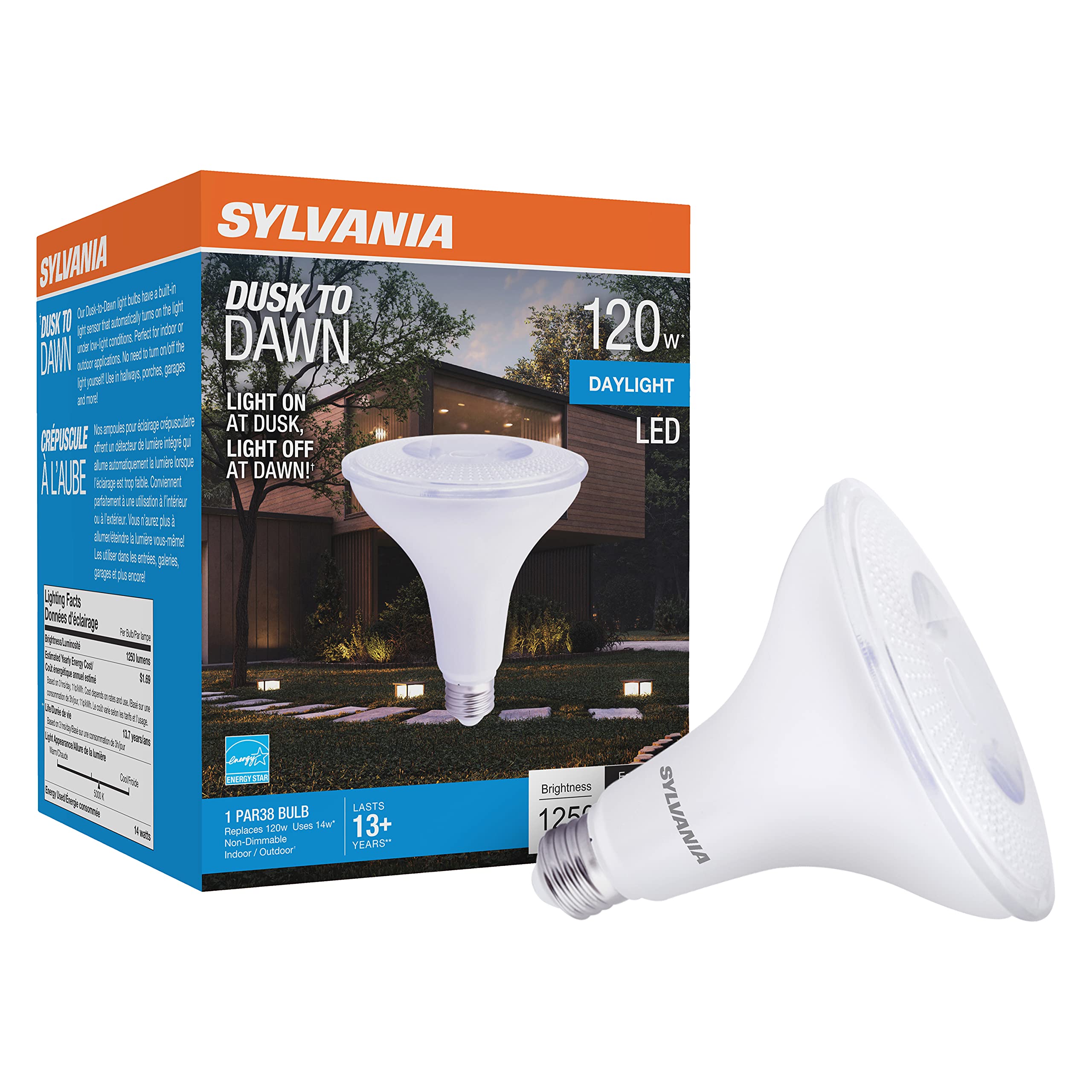 Sylvania Dusk To Dawn Par38 Led Light Bulb With Auto On/Off Light Sensor, 120W=14W, 1250 Lumens, 5000K, Daylight - 1 Pack (41363