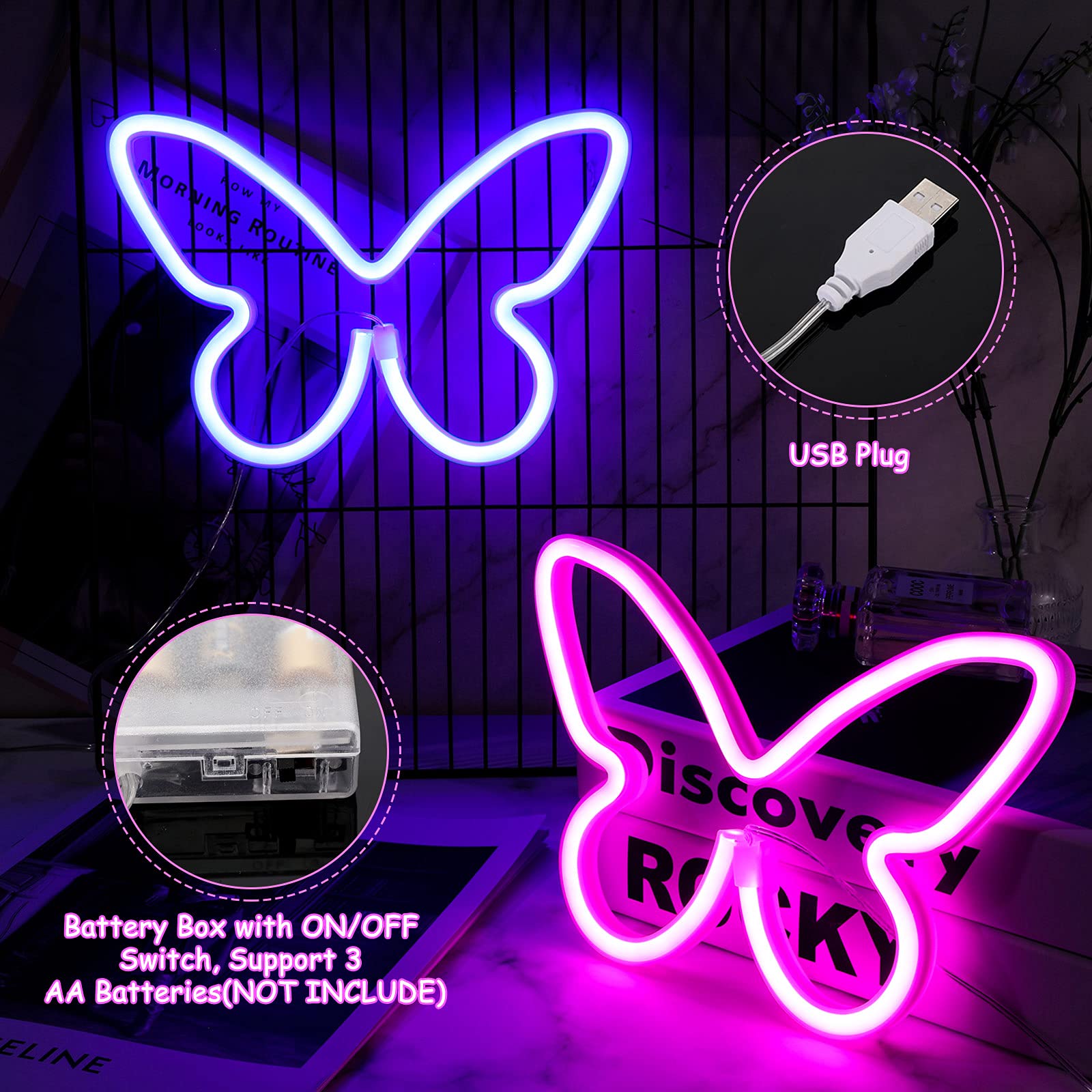 Riakrum Butterfly Neon Signs LED Light, 3AA Battery/USB, Pink & Blue, Wall Decor for Home, Bedroom, Party, Model Riakrum-Signs Butterfly LED-026