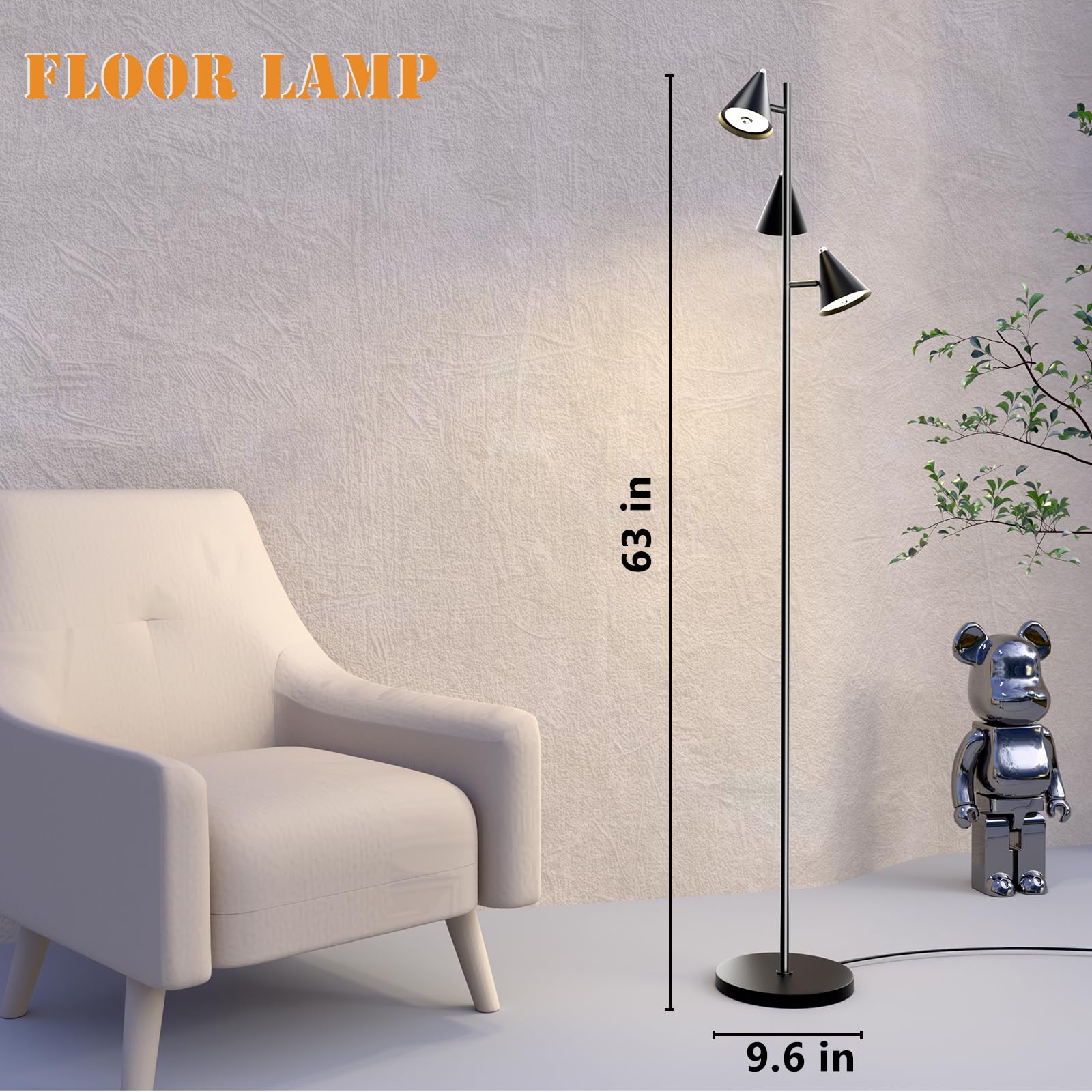 KimYan Tree Floor Lamp - Dimmable 3 LED Lights, 5 Color Temperatures, 63" Black, Model FL1 for Living Room, Bedroom, Office