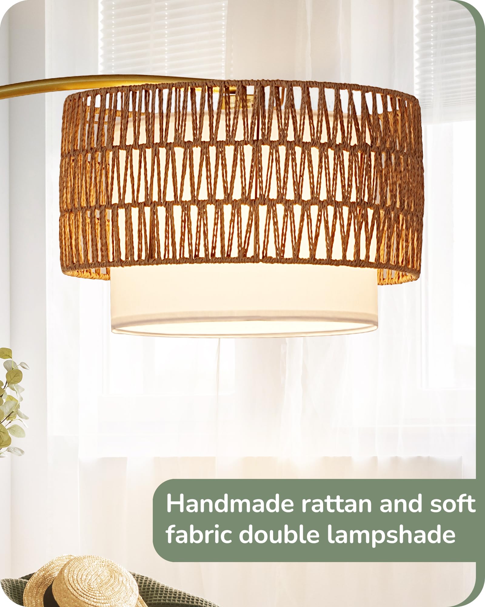 Edishine 76'' Gold Arched Floor Lamp With Remote, Boho Farmhouse Floor Lamp With Rattan & Fabric Shades, Tall Arc Standing Lamp