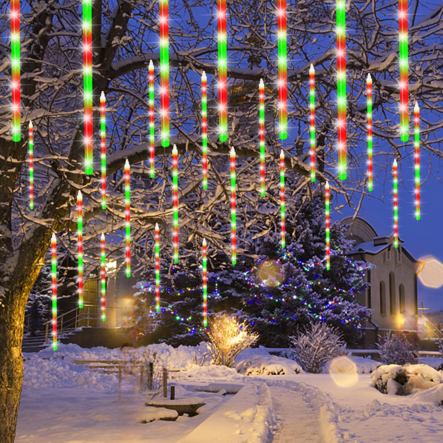 LJLNION 24 Tubes Meteor Shower Lights, 864 LED, Red & Green, 12 Inch Christmas Icicle Decor, Connectable Raindrop for Holiday Parties