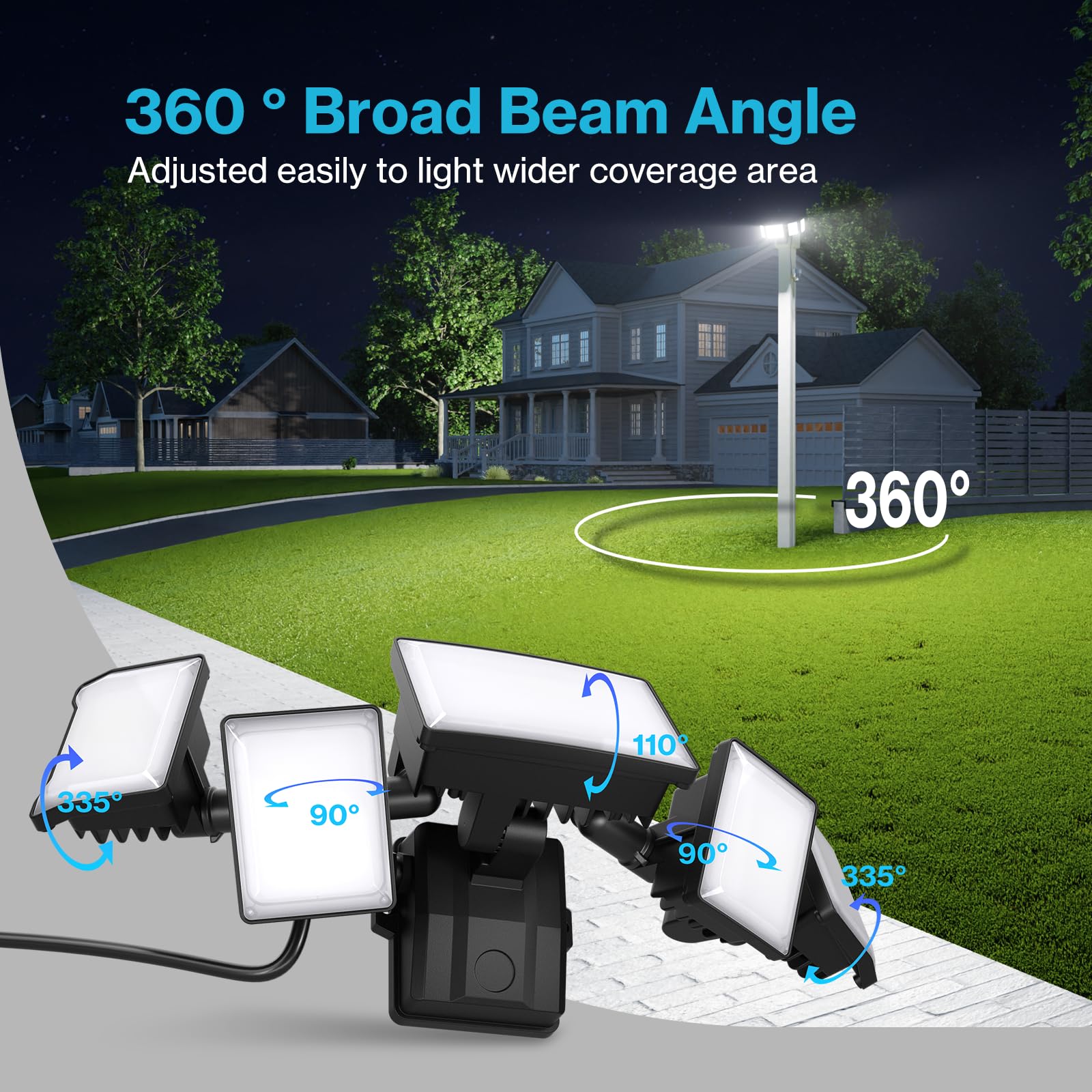 Olafus 100W LED Flood Light - 10000LM, 6500K, 5 Adjustable Heads, IP65 Waterproof, Black - Ideal for Outdoor Security & Safety