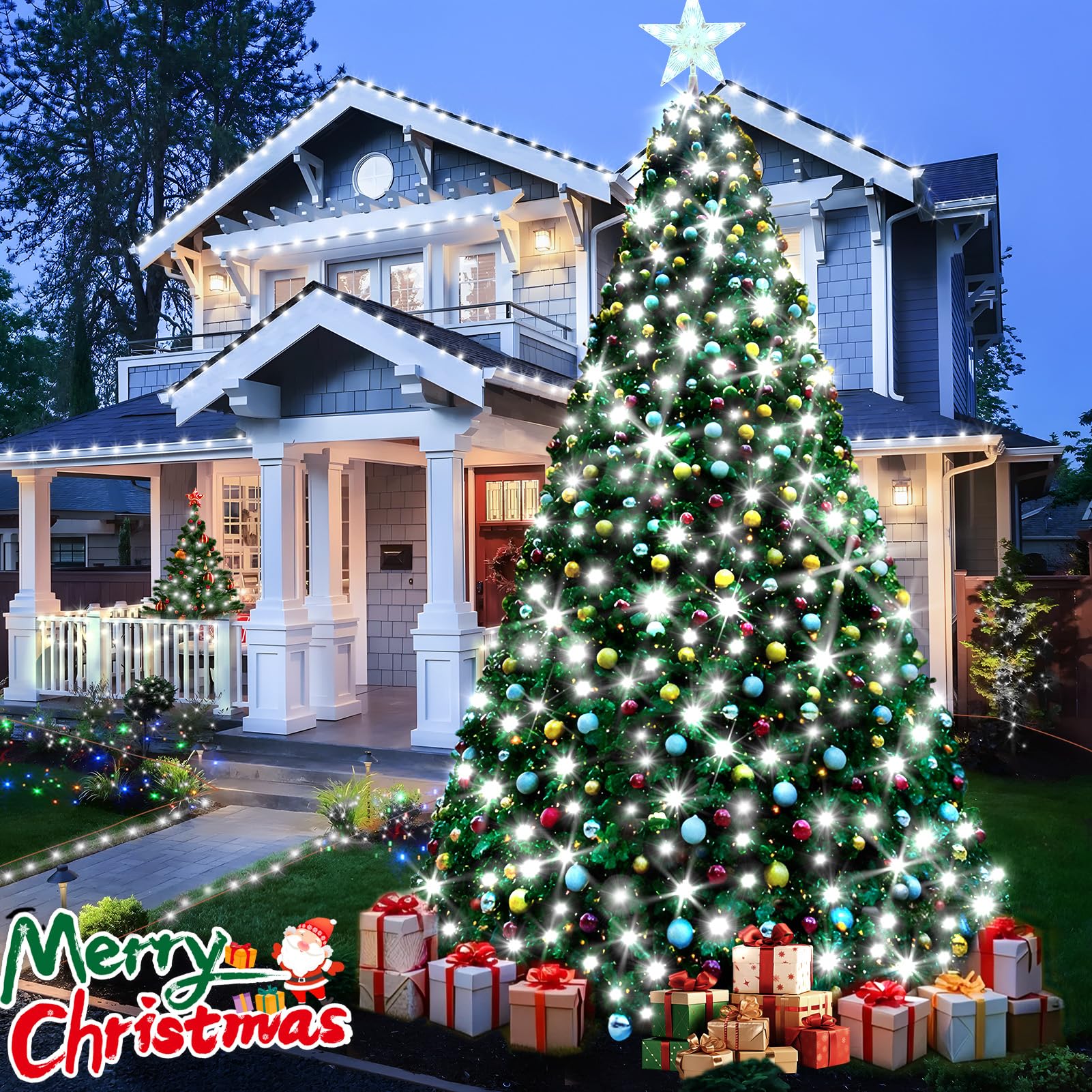 KNONEW 500 LED Outdoor Christmas Lights, 197ft String, Cool White, Waterproof, 8 Modes, Model 68KN-168LIG-NIU