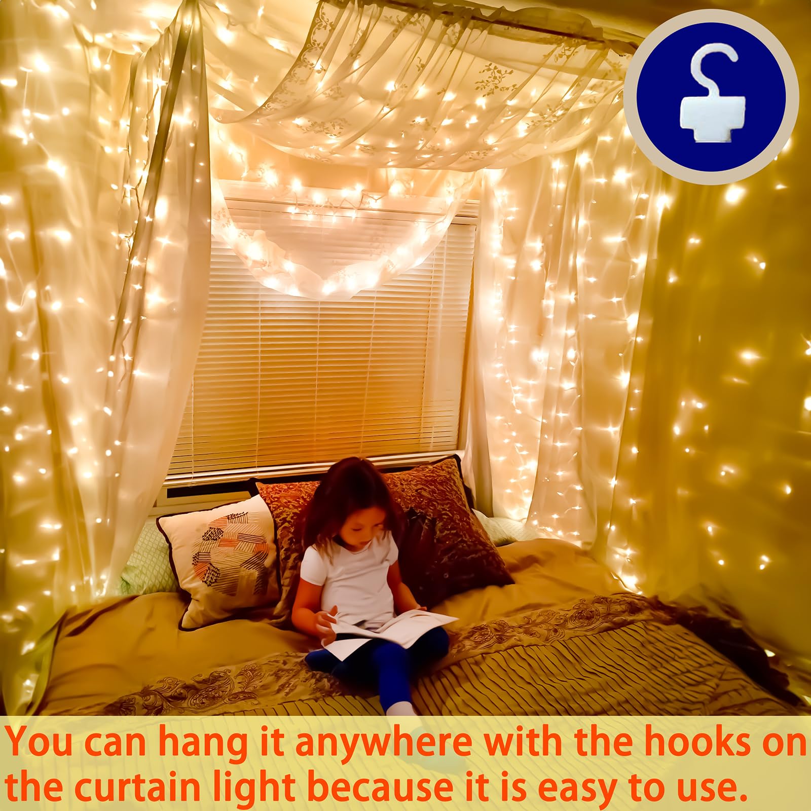 Eueasy 300 LED Curtain Lights, 9.8ft x 9.8ft Fairy Lights with 8 Modes, String Hanging Lights, Remote Control, Perfect for Indoo