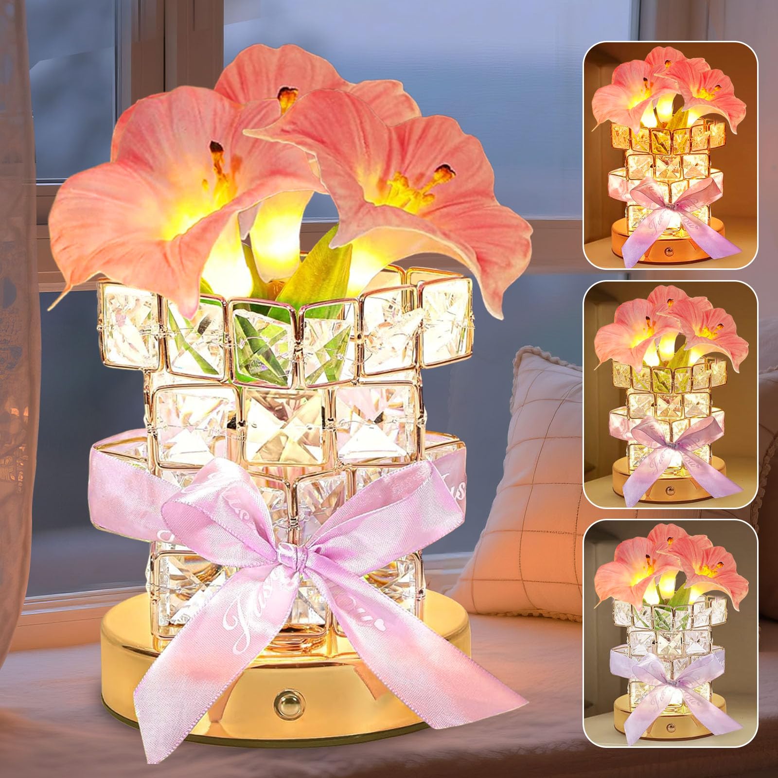 Flower Table Lamps, Rechargeable Cordless Crystal Night Light, 3 Colors Touch Dimming Artificial Flower Light, LED Flowers Bedsi