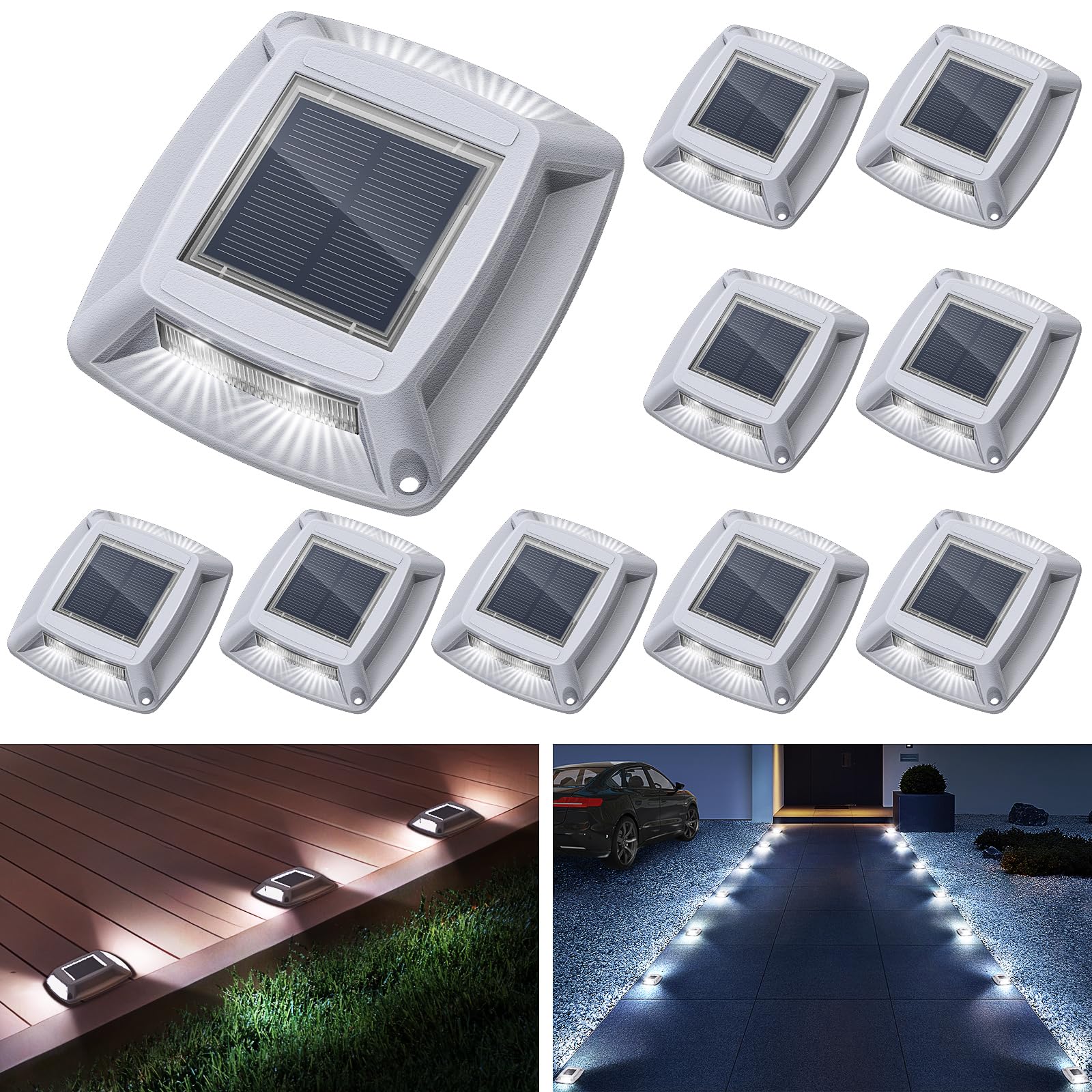 Solar Driveway Lights 10 Pack, Solar Powered IP68 Waterproof Dock Lights, 4 LED Driveway Markers Deck Light for Dock, Pathway, W