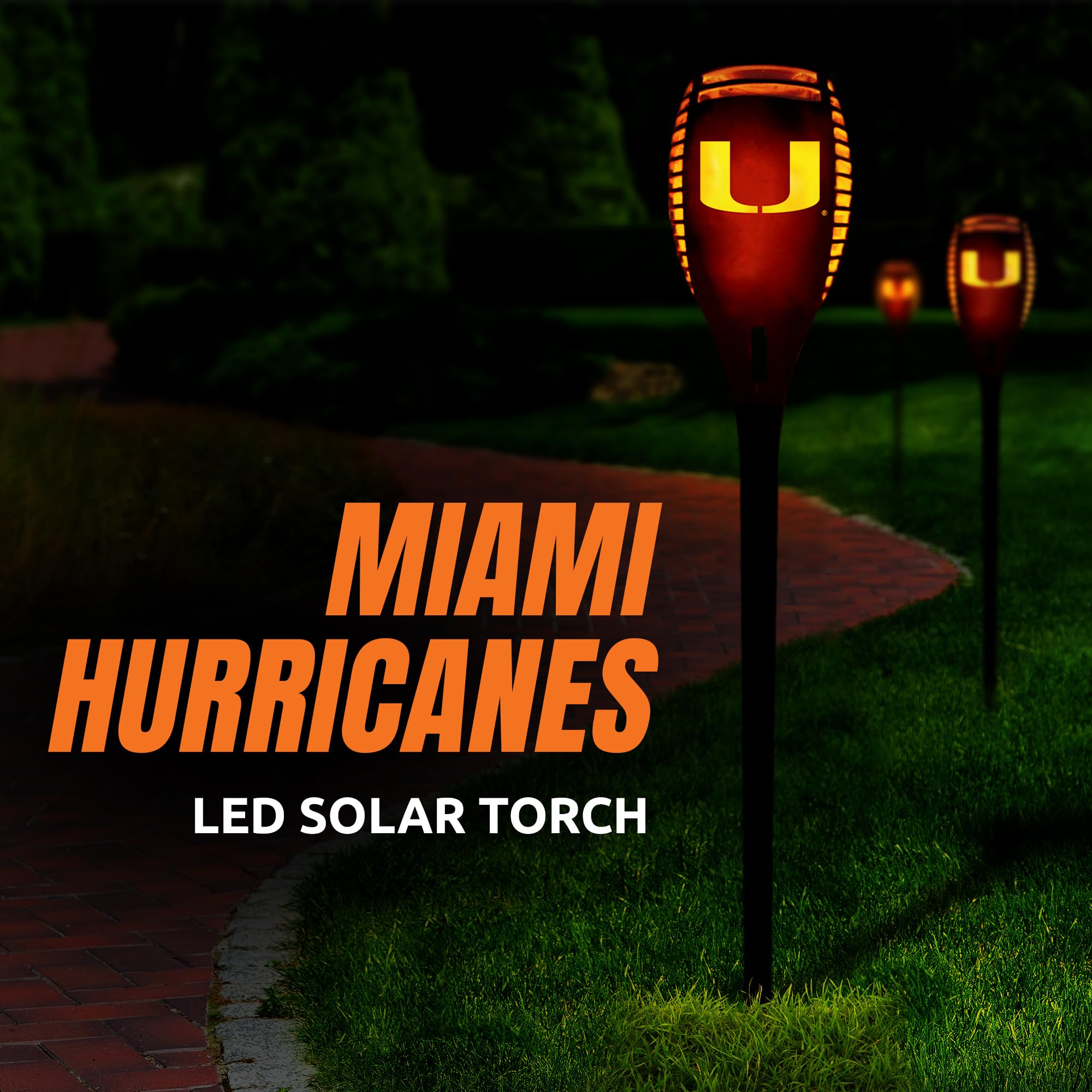 Sporticulture Miami Hurricanes Solar Torch - 36&quot; Waterproof Flickering Flame Light For Outdoors
