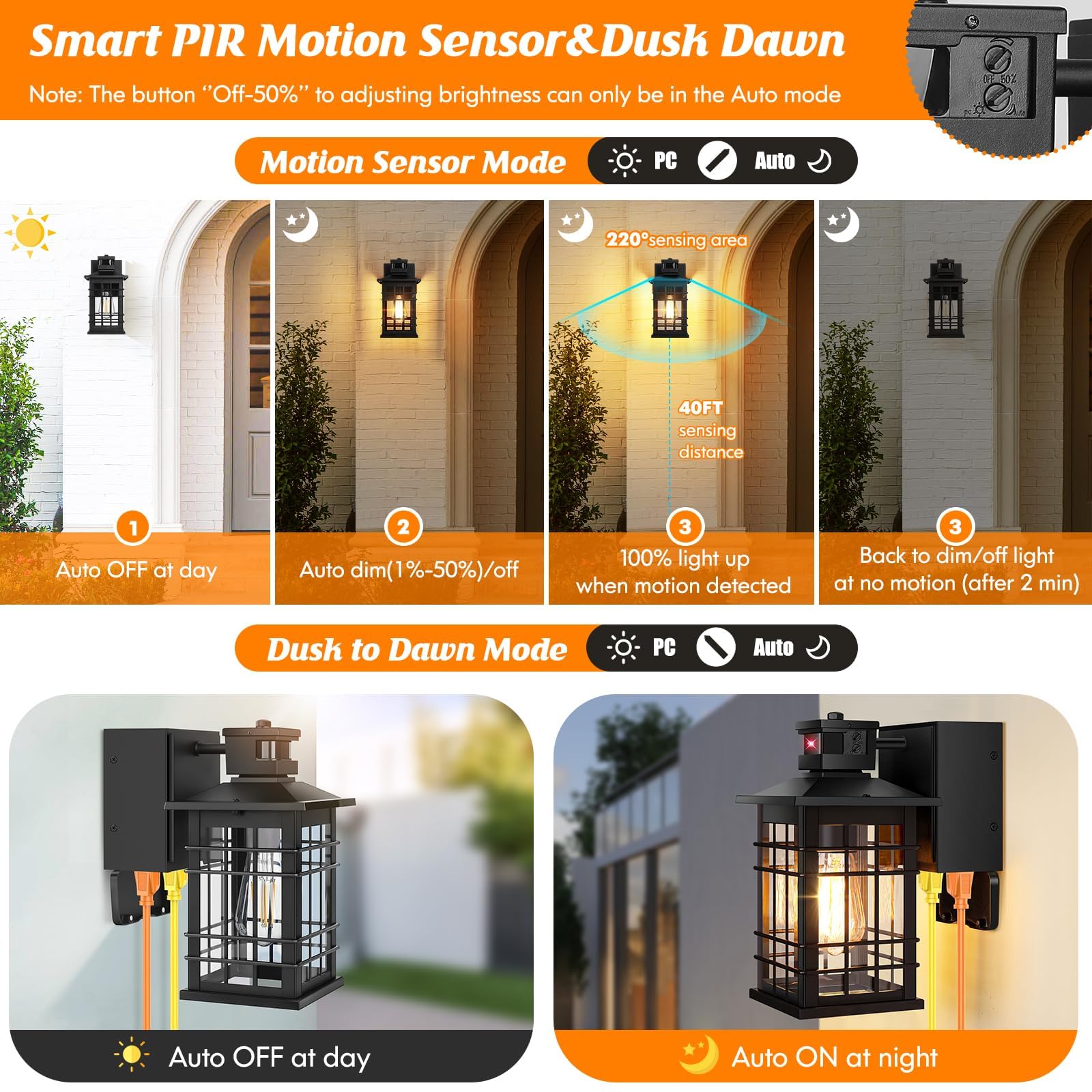 Kondras Motion Sensor Porch Light - 11.4'' Waterproof Outdoor Wall Fixture, Black, Aluminum, Model 0815-BK, 3 Modes, GFCI Outlets