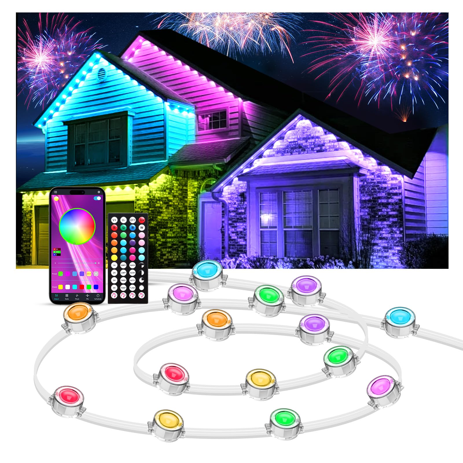 IVRICH 500FT Permanent Outdoor Lights, Smart RGB Eave Light With APP/Remote Control, IP67 Waterproof, DIY Scene Modes, Music Syn