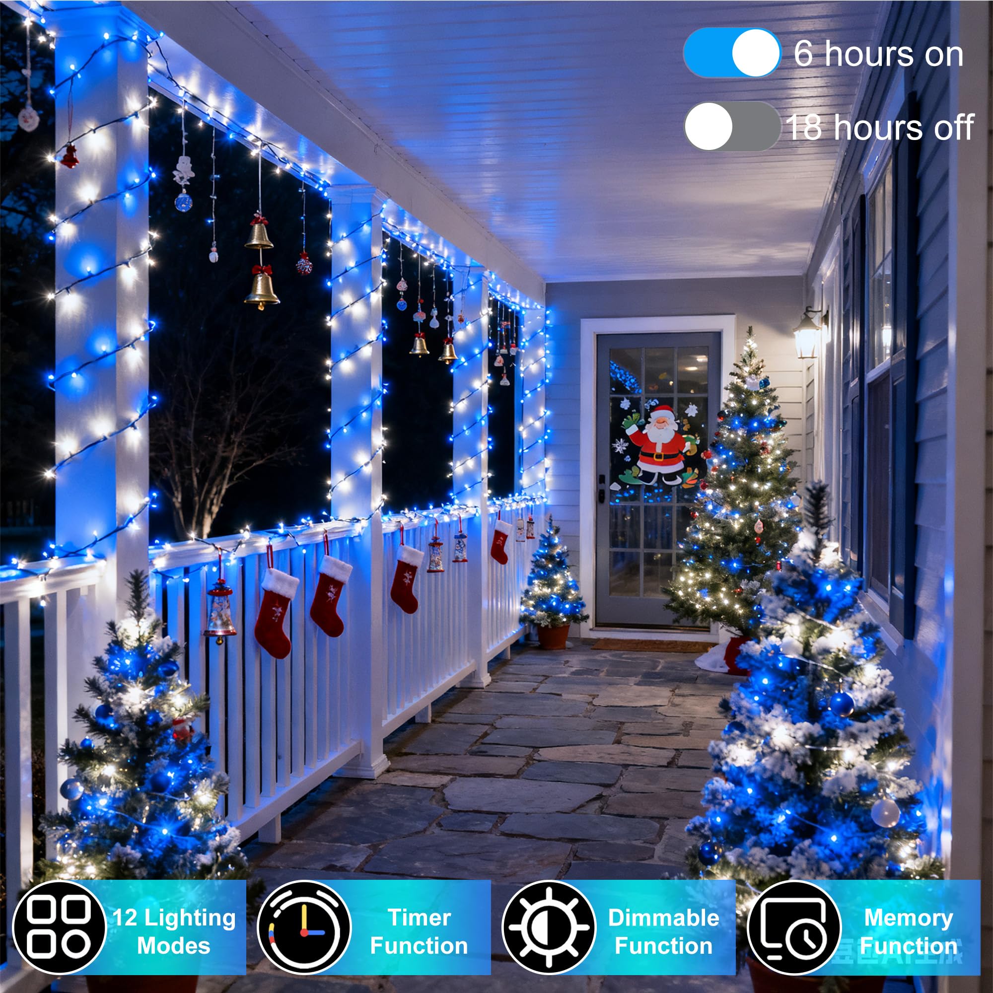340 Led 90Ft Christmas String Lights Outdoor  12 Pro Modes And Timer Memory & Brightness  Plug In Outdoor Waterproof Clear Wire Twinkle Light For For Xmas Yard Tree Wedding Party Decor (Blue & White)