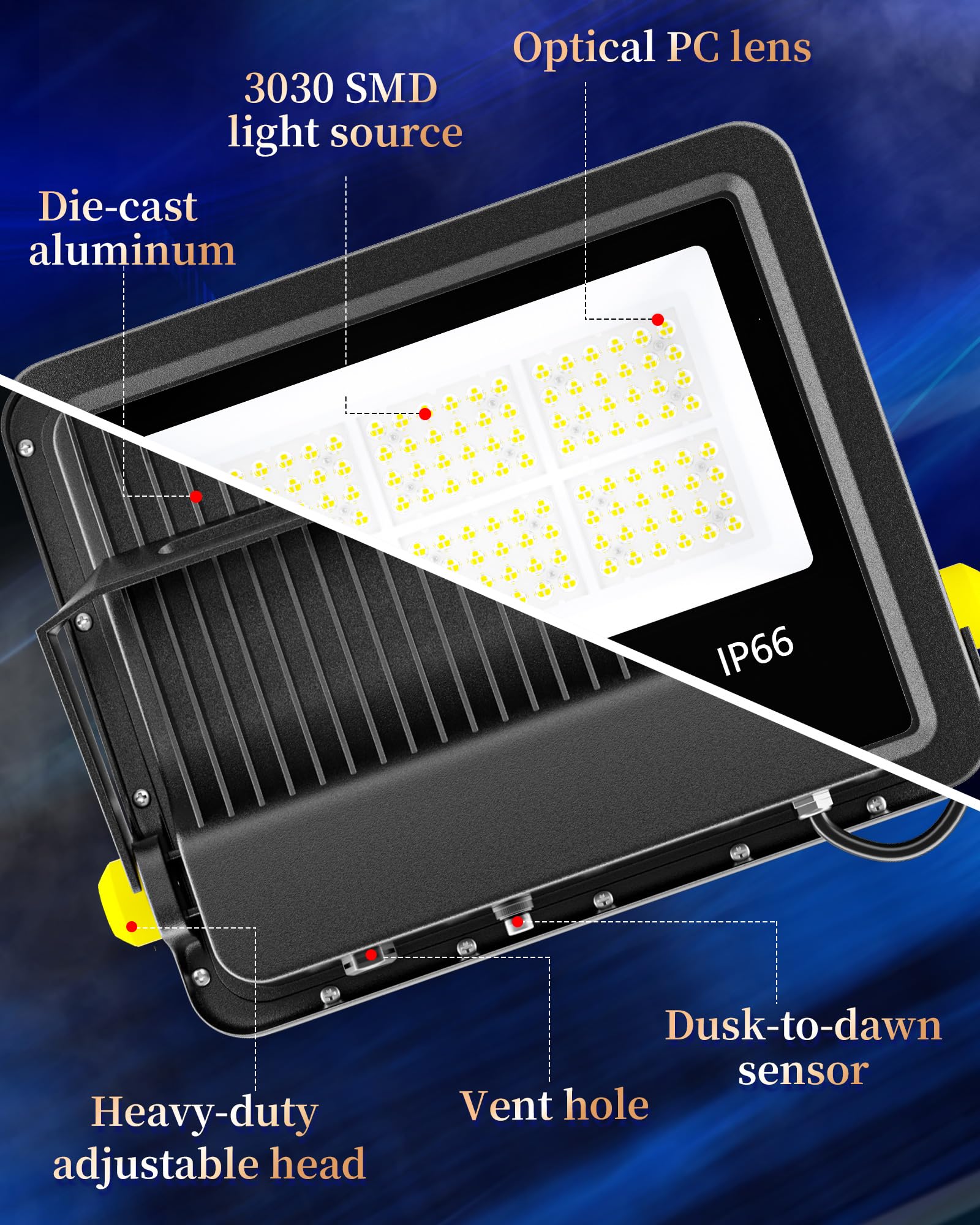 Gefolly Flood Light 1600W Equivalent 38400LM IP66 Waterproof Black Aluminum Model FL-300W