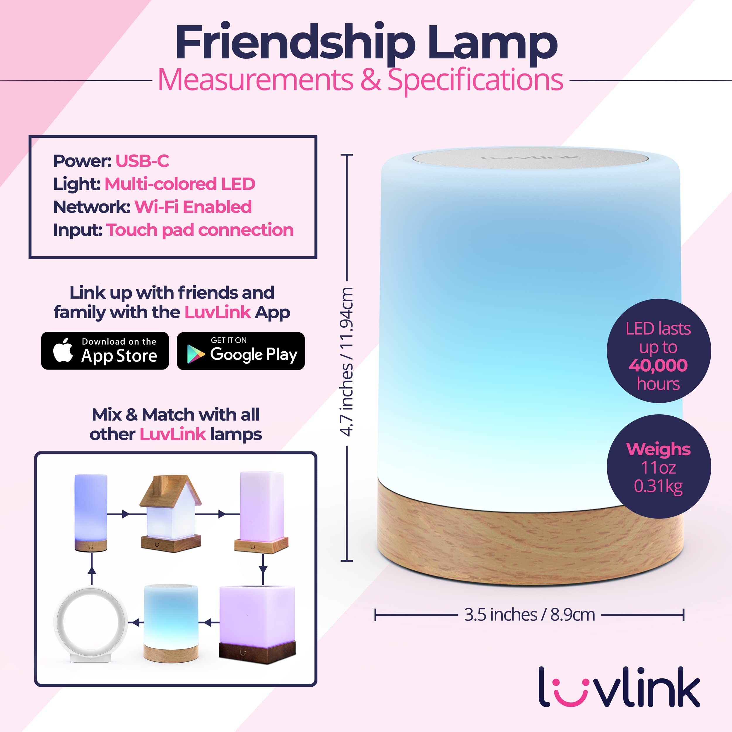 LuvLink Friendship Lamp v2.0 - Extended WiFi Range, Bluetooth Setup, Model LLFL01V2, Single Size, Plastic Material