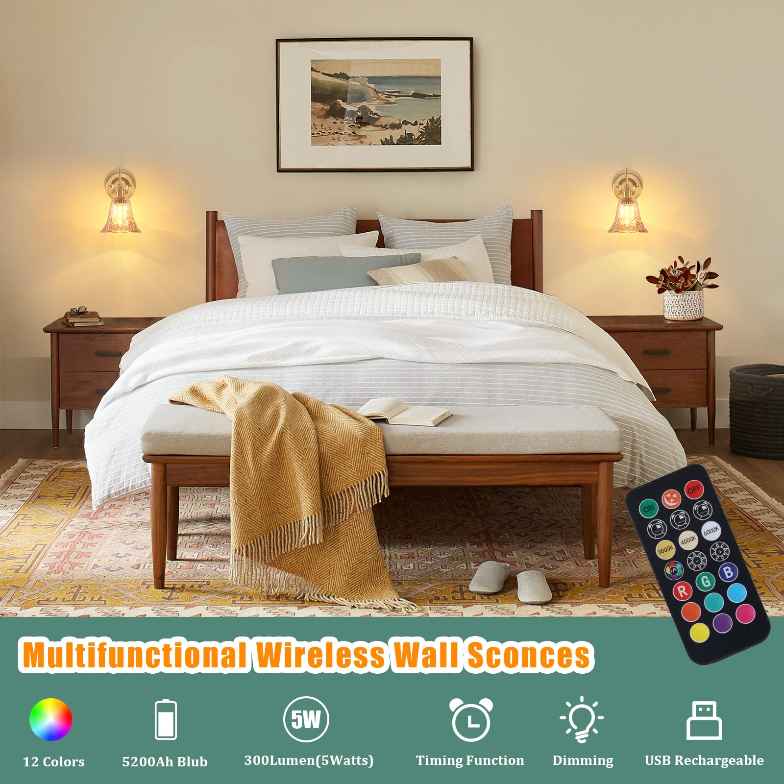 Shenmoyl Battery Operated Wall Sconce Set of 2, Vintage Glass Shade, Wireless Indoor Lamp, Amber Morning Glory, Model 1-93756-wlamp