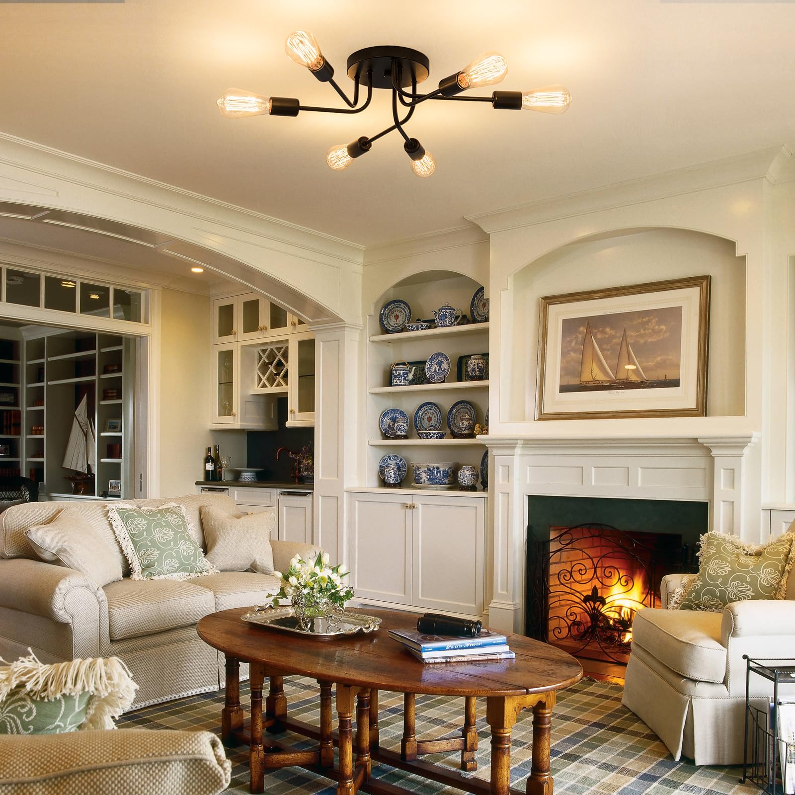 Plfann Industrial Semi Flush Mount Ceiling 6 Light With Adjustable Metal Branched Vintage Ceiling Light E26 Holder Black Painted