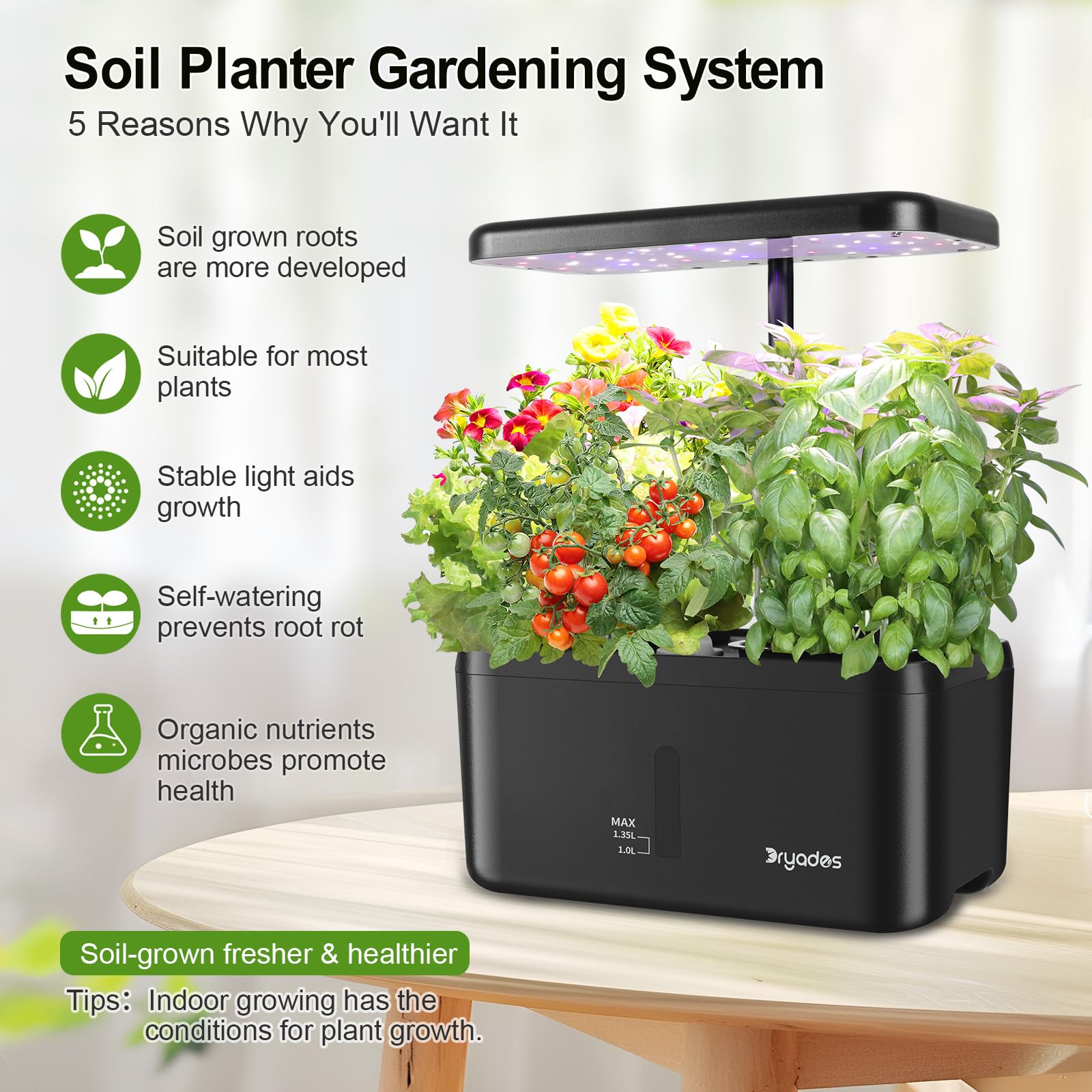 DRYADES Indoor Garden System - 19W LED Grow Light, Self-Watering Pots, Medium Size, Black - Great Gardening Gift for Mom, Ideal for Herbs & Vegetables