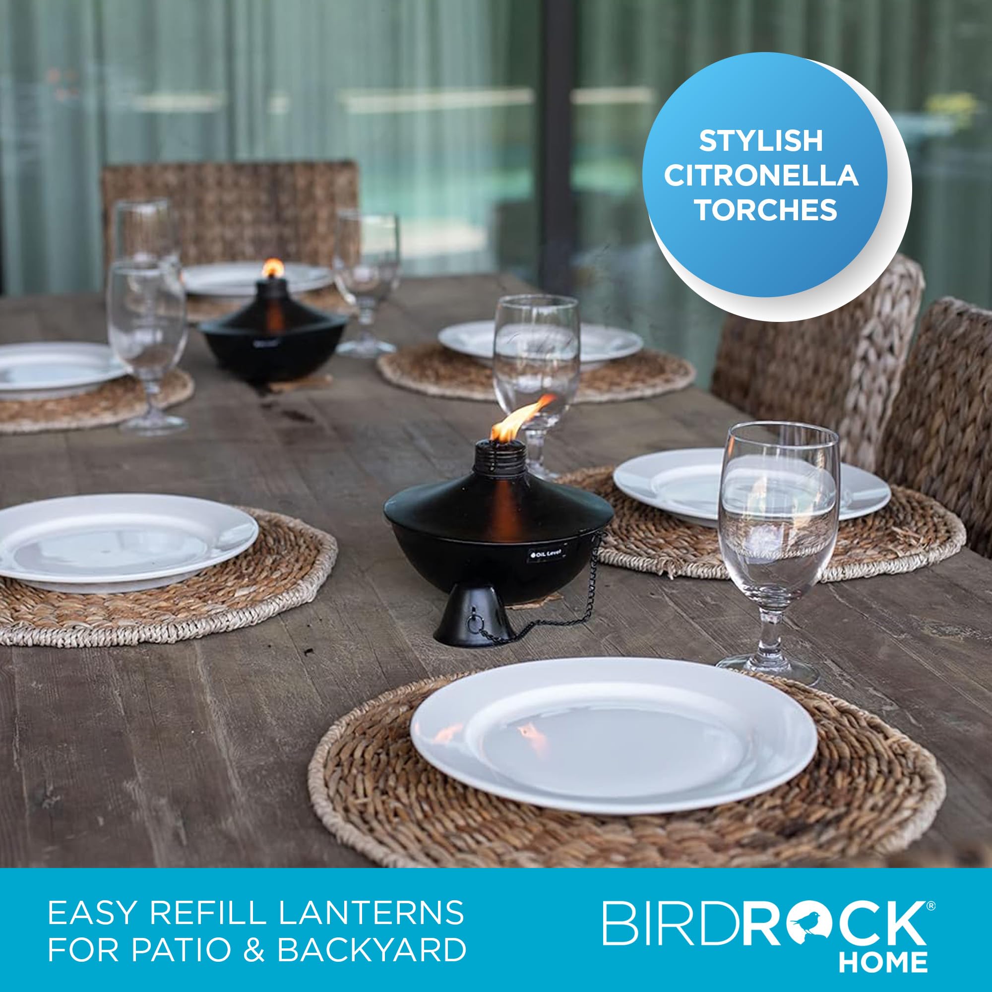 Birdrock Home Citronella Tabletop Lanterns - Refillable Metal Torches, Black, Pack Of 4