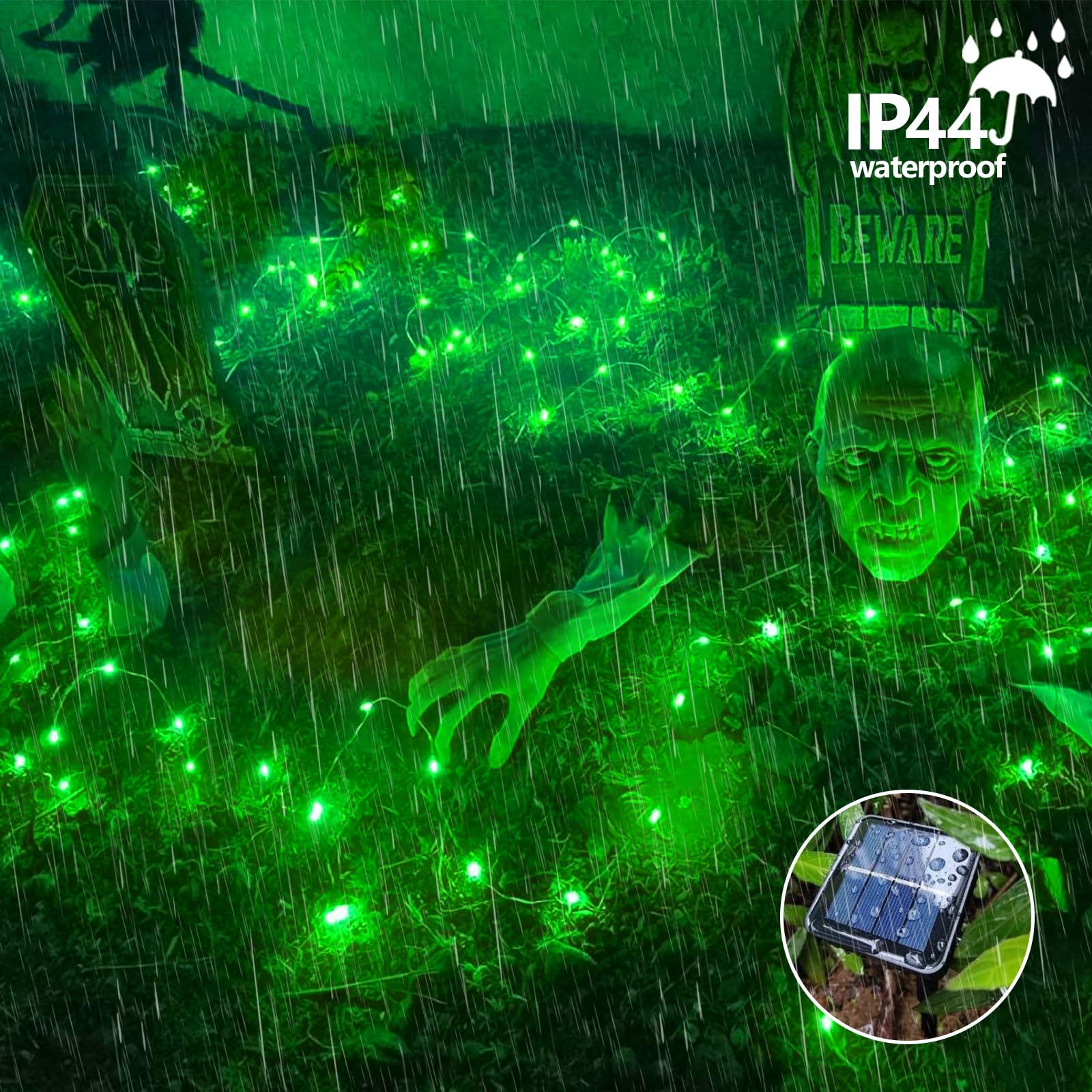 Qitong 2 Pack Green Solar Fairy Lights, Each 66Ft 200 Led Solar String Light, 8 Modes Silver Wire Solar Twinkle Mini Lights
