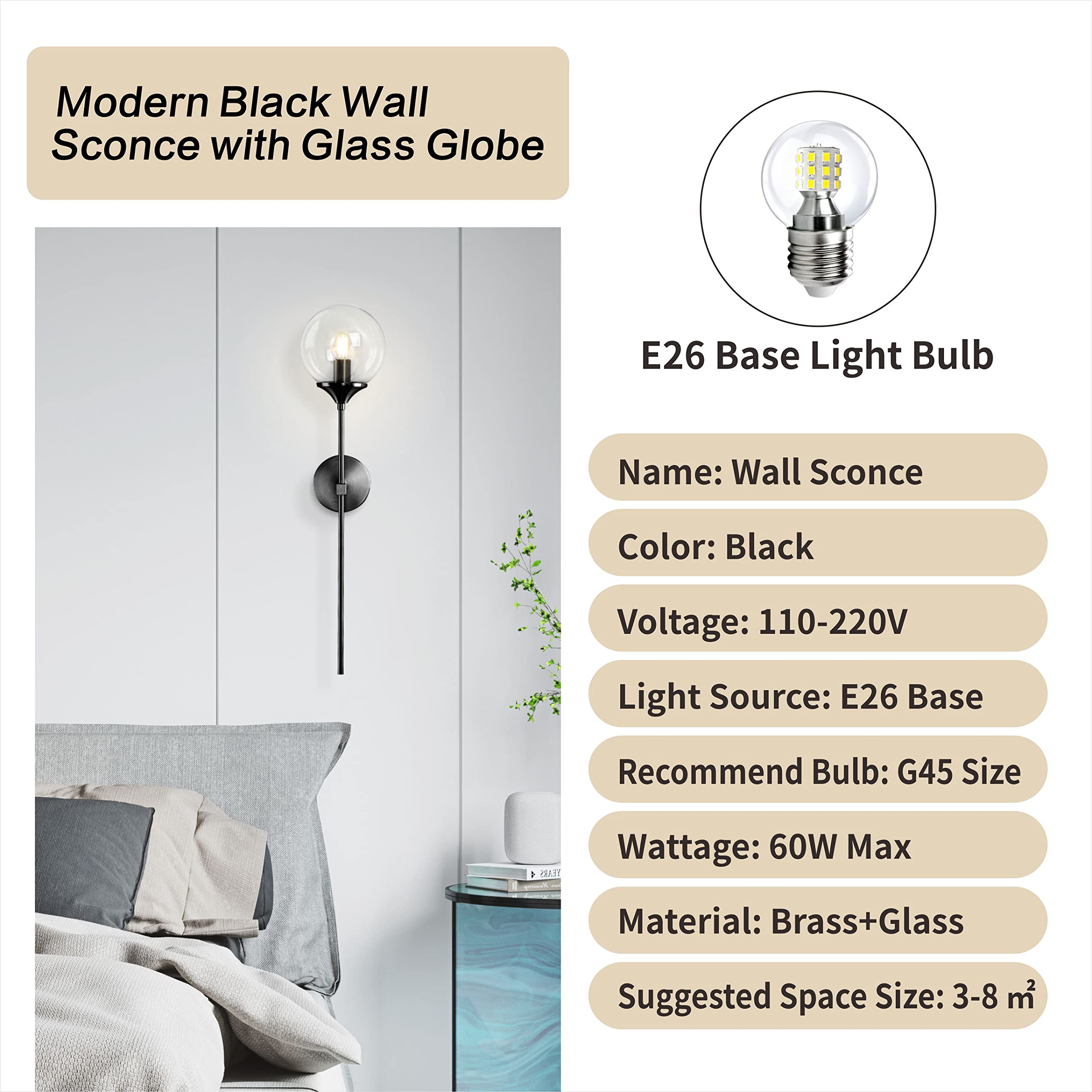 KCO Mid Century Wall Sconce Black Clear Glass Globe Light, Model W1032-B-C, Minimalist Design for Hallway, Stairs, Bathroom