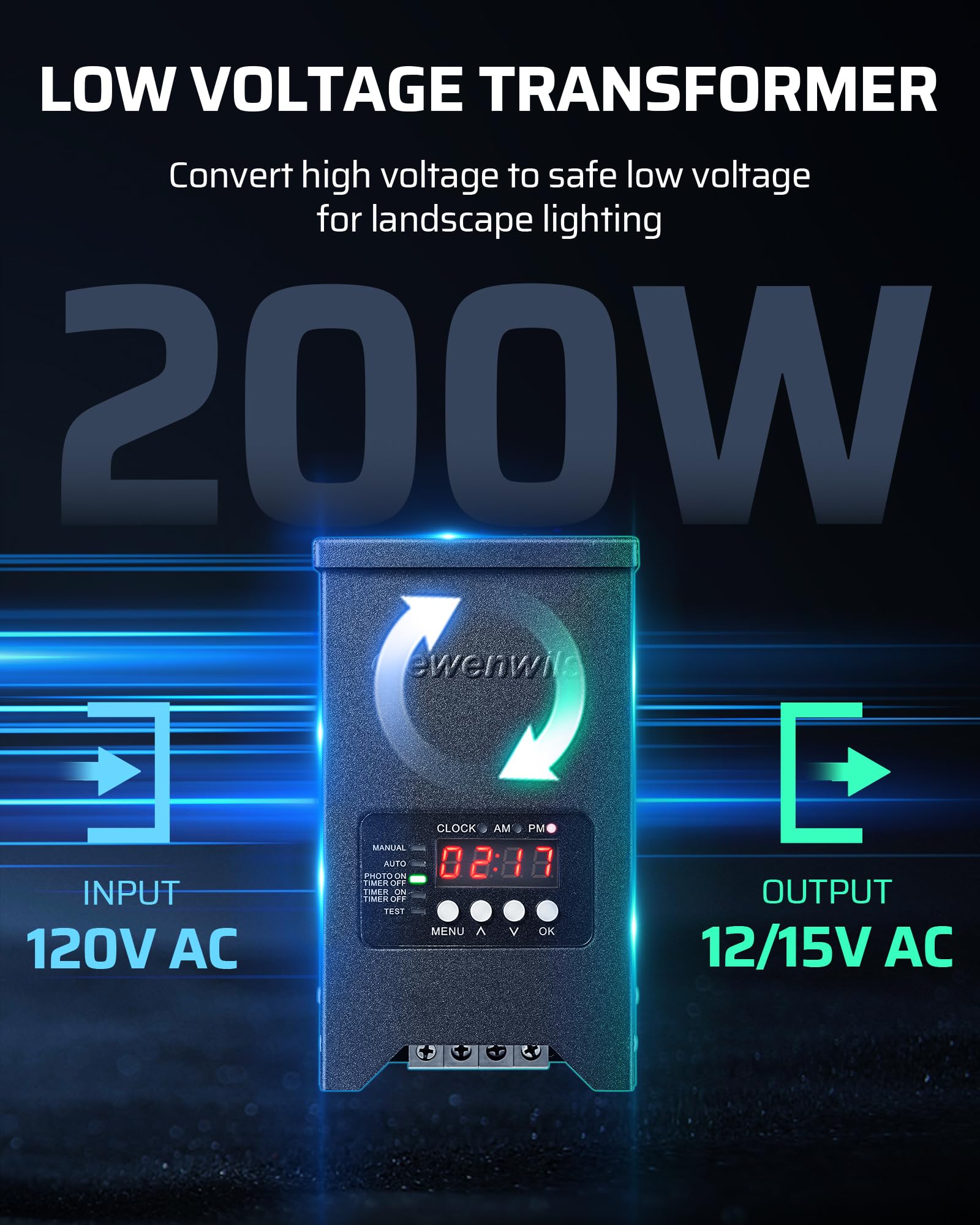 DEWENWILS 200W Low Voltage Landscape Transformer, 120V to 12V, Weatherproof, Dusk to Dawn Sensor, Black, Model HCLT04H1