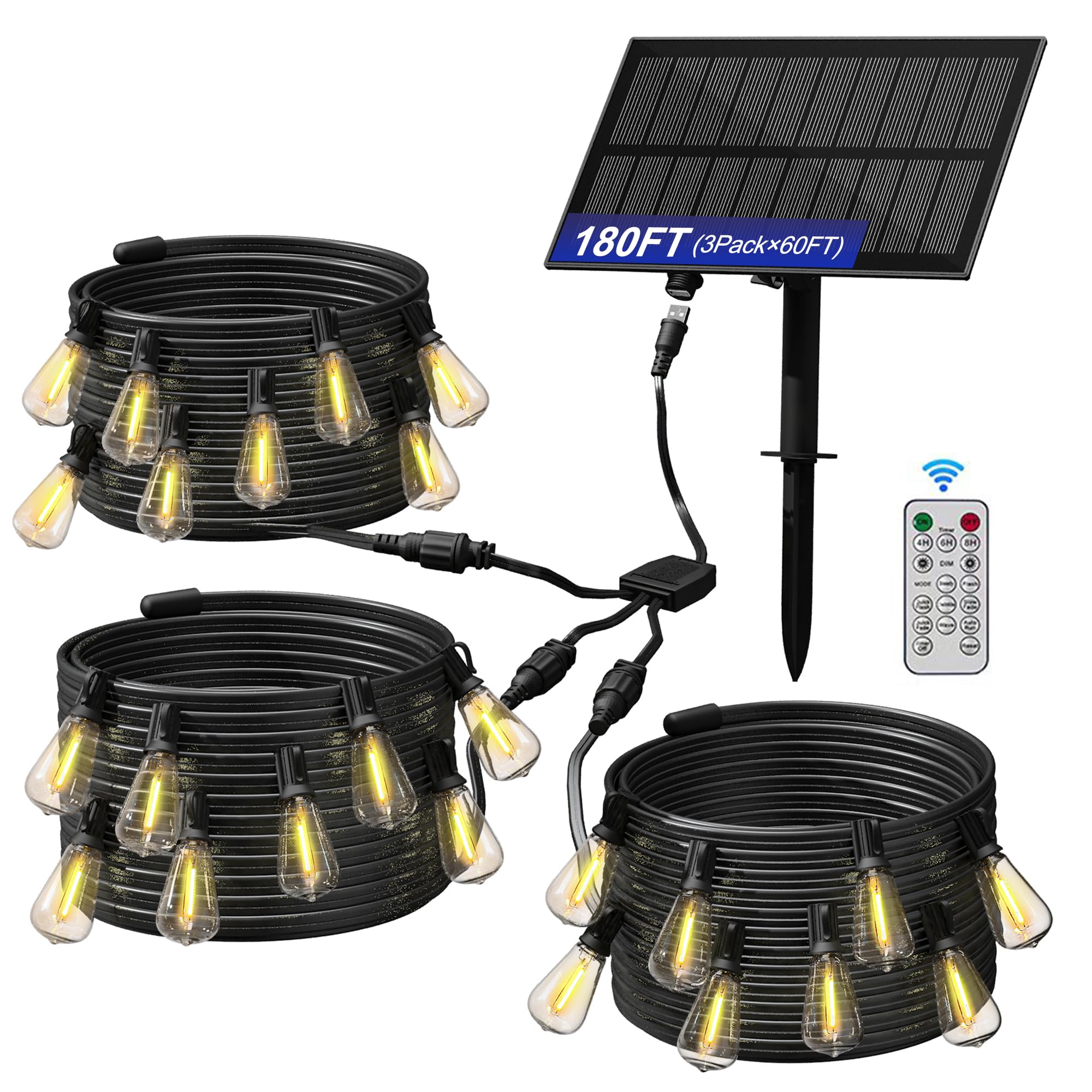 Stright Solar Powered String Lights, 180FT with Remote, 8 Modes, Weatherproof ST38 LED Bulbs, Warm White, 45 Sockets, Model S245