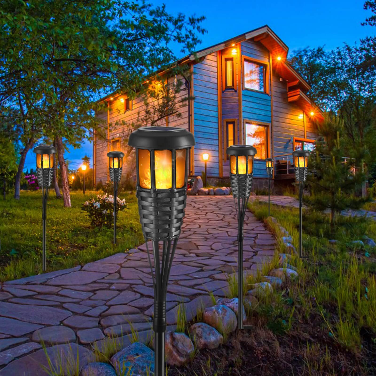 Solar Torch Light With Flickering Flame, 4 Pack Waterproof Bamboo Torches Hand-Woven Rattan Solar Tiki Torches For Outside Patio