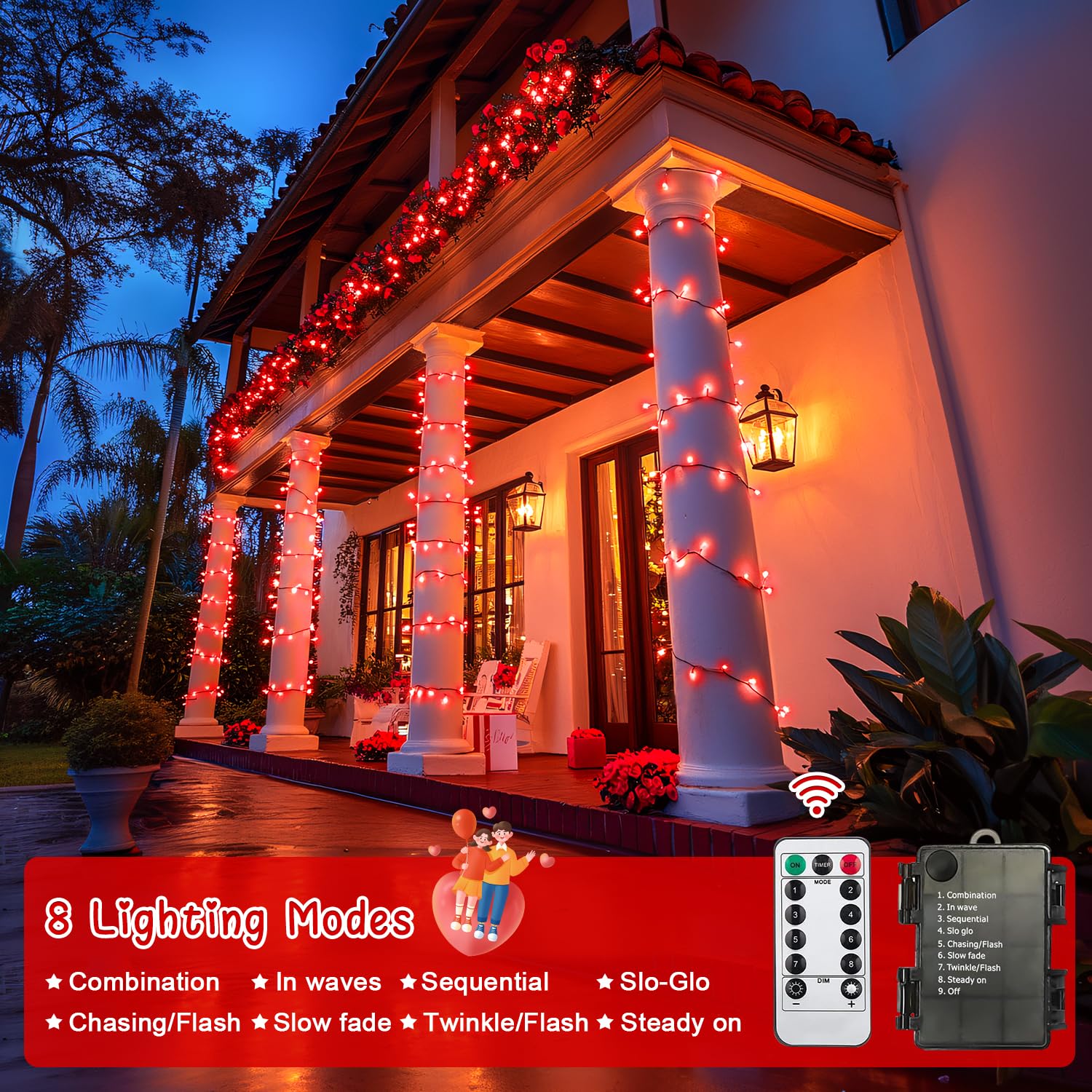 Jmexsuss 2 Pack 100 Led Red Christmas Lights For Valentines, Each 33 Ft Valentines Day Lights Battery Operated, Red String Light