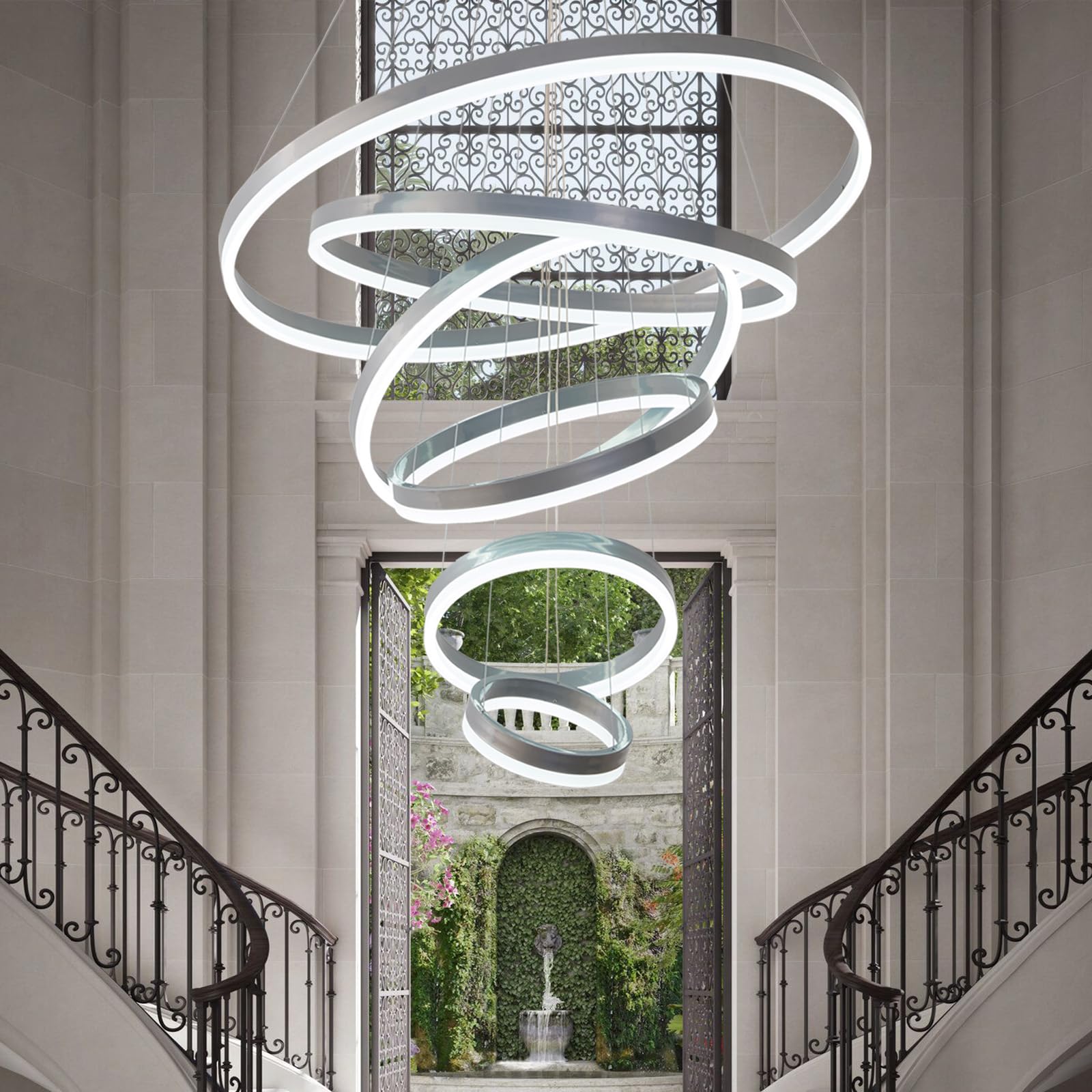 Modern 6 Ring Silver Led Chandelier - Dimmable, Large D31.5" For High Ceiling Staircase And Luxury Foyer Entryway