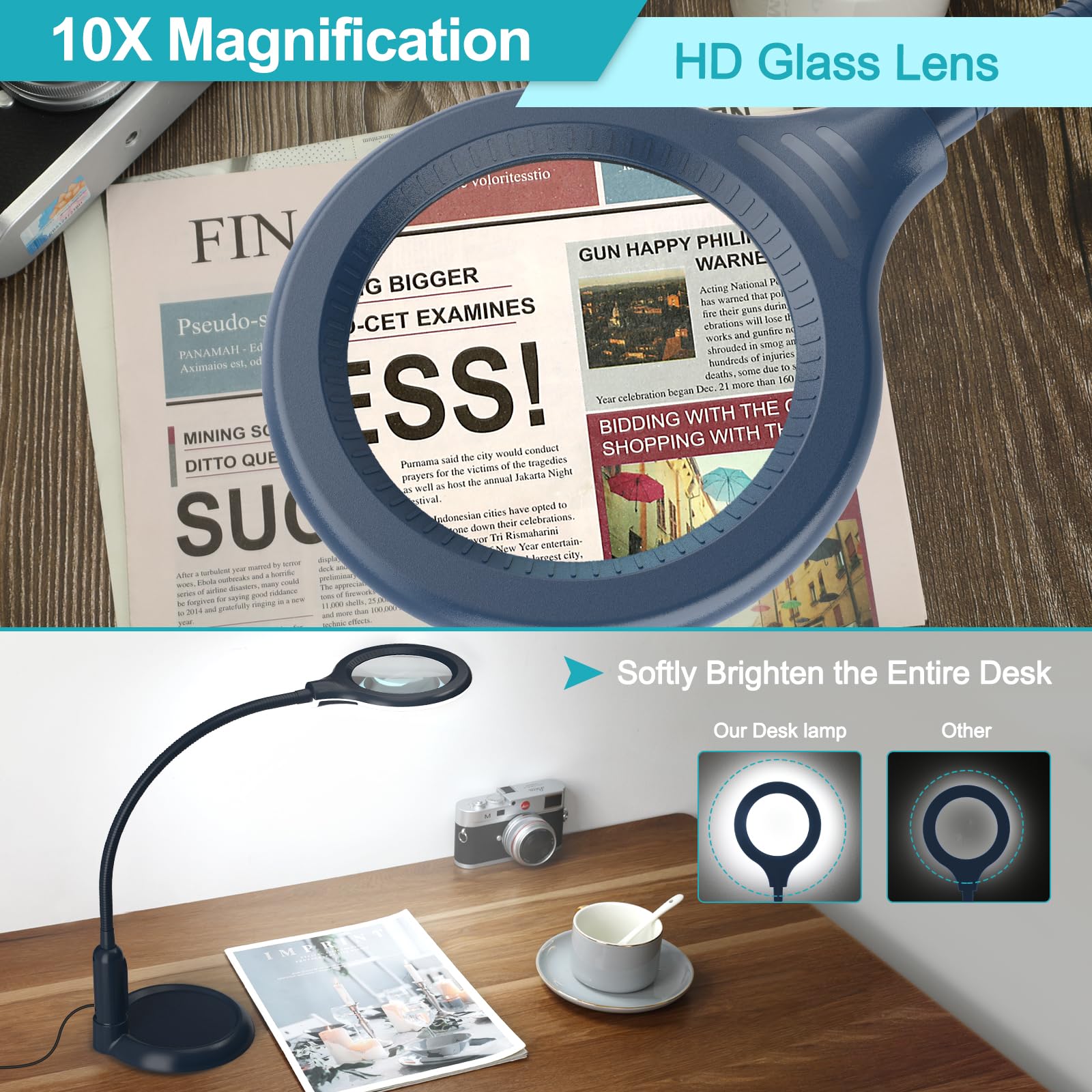 TOMSOO 10X Magnifying Glass with Light, Flexible Gooseneck LED Lamp, Blue, Model LBKB41HTM