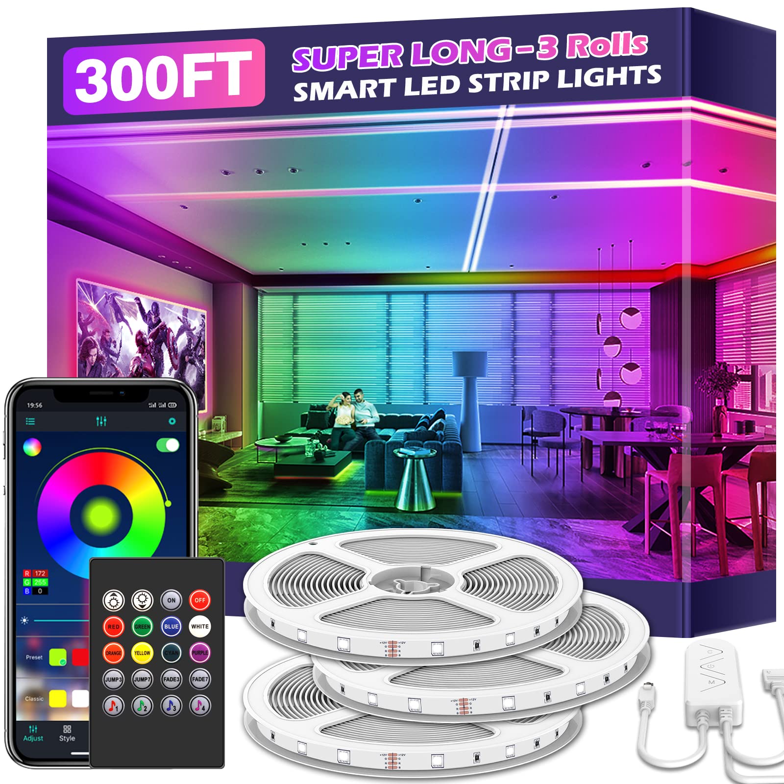 LETIANPAI 300ft LED Strip Lights, RGB Color Changing, Music Sync, Bluetooth App Control, Multicolor