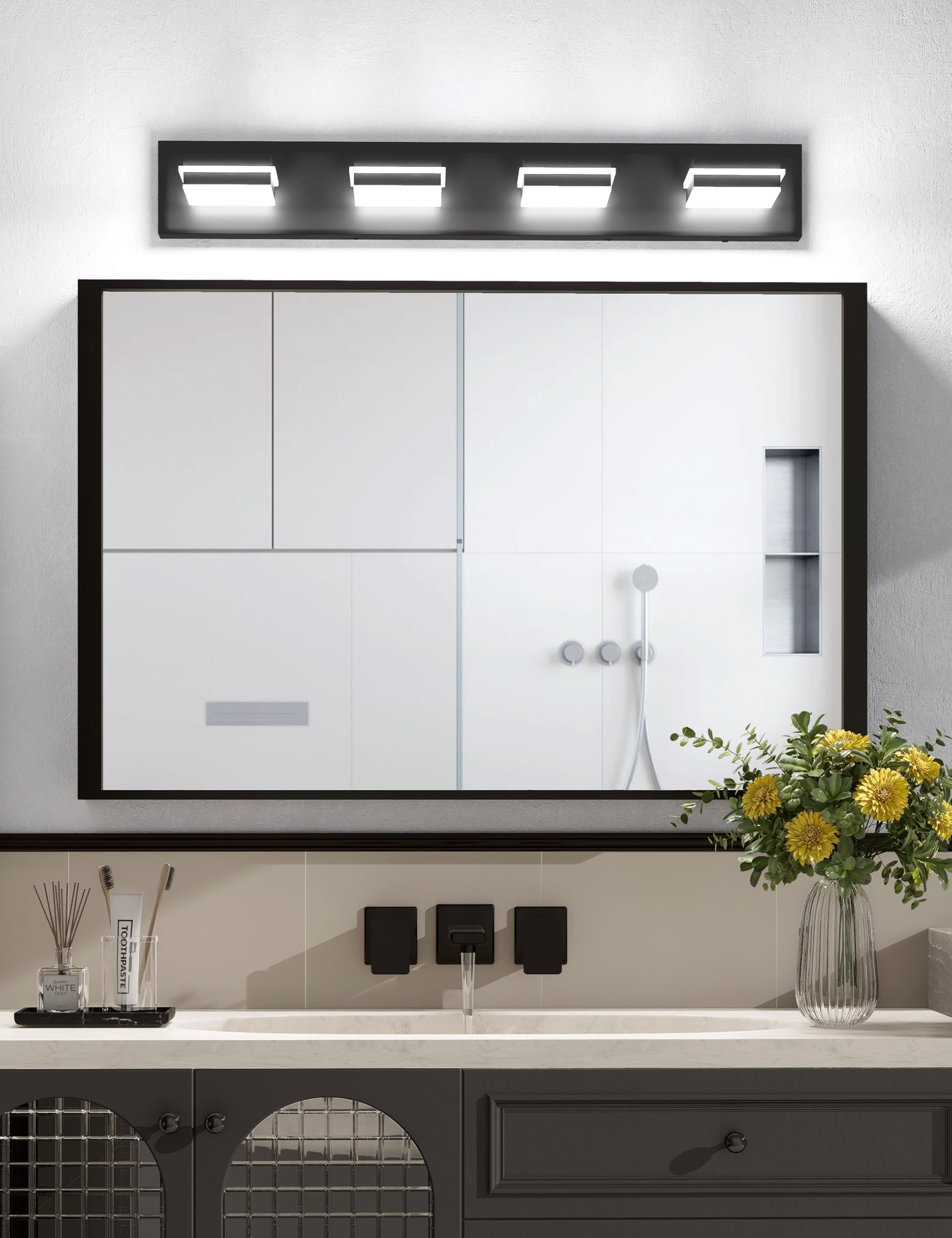 Volisun Modern 30-Inch Black Bathroom Vanity Light Fixtures, 4-Light, Cool White Led, Wall Mount, Touch Control