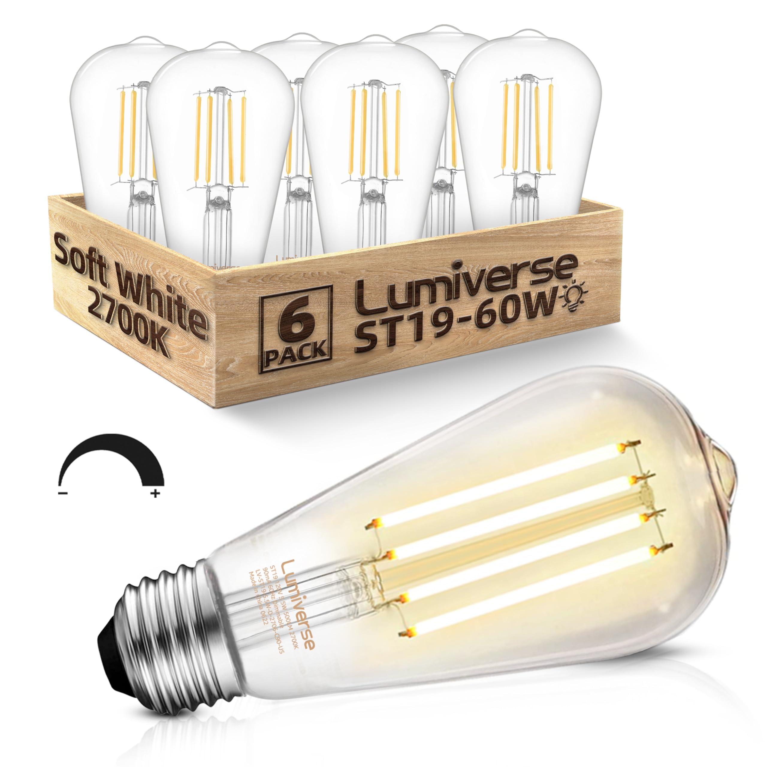 Lumiverse Edison Bulbs 60W Equivalent, Dimmable Led Light Bulbs, Cri 90+, Vintage E26 Lightbulbs, 2700K Warm White, St19 St58, 5