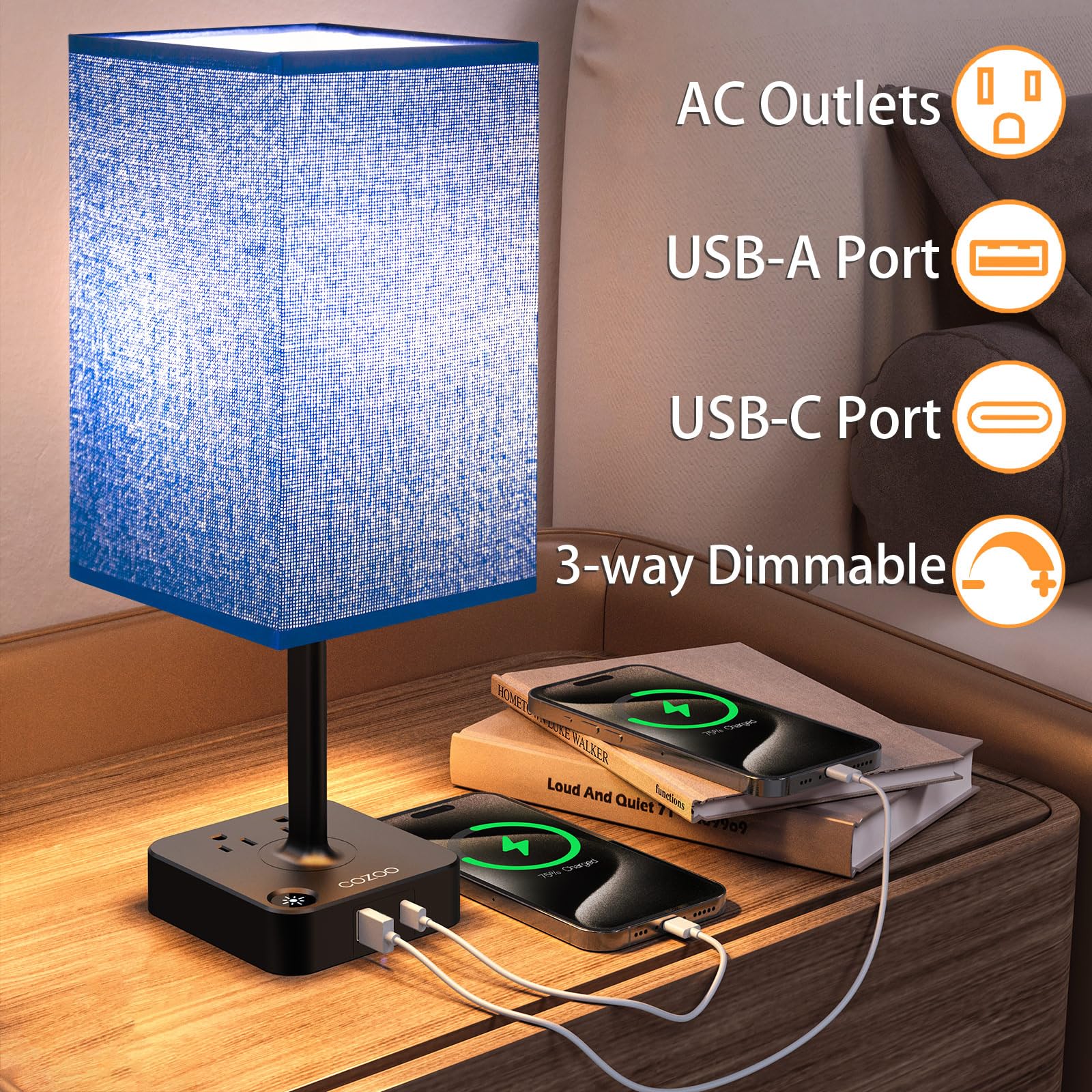 Dimmable Table Lamp With Blue Shade Bedside Lamp With Light Bulb,2 Usb C+A Ports And Dual Ac Outlets,3 Way Dimmable Touch Small