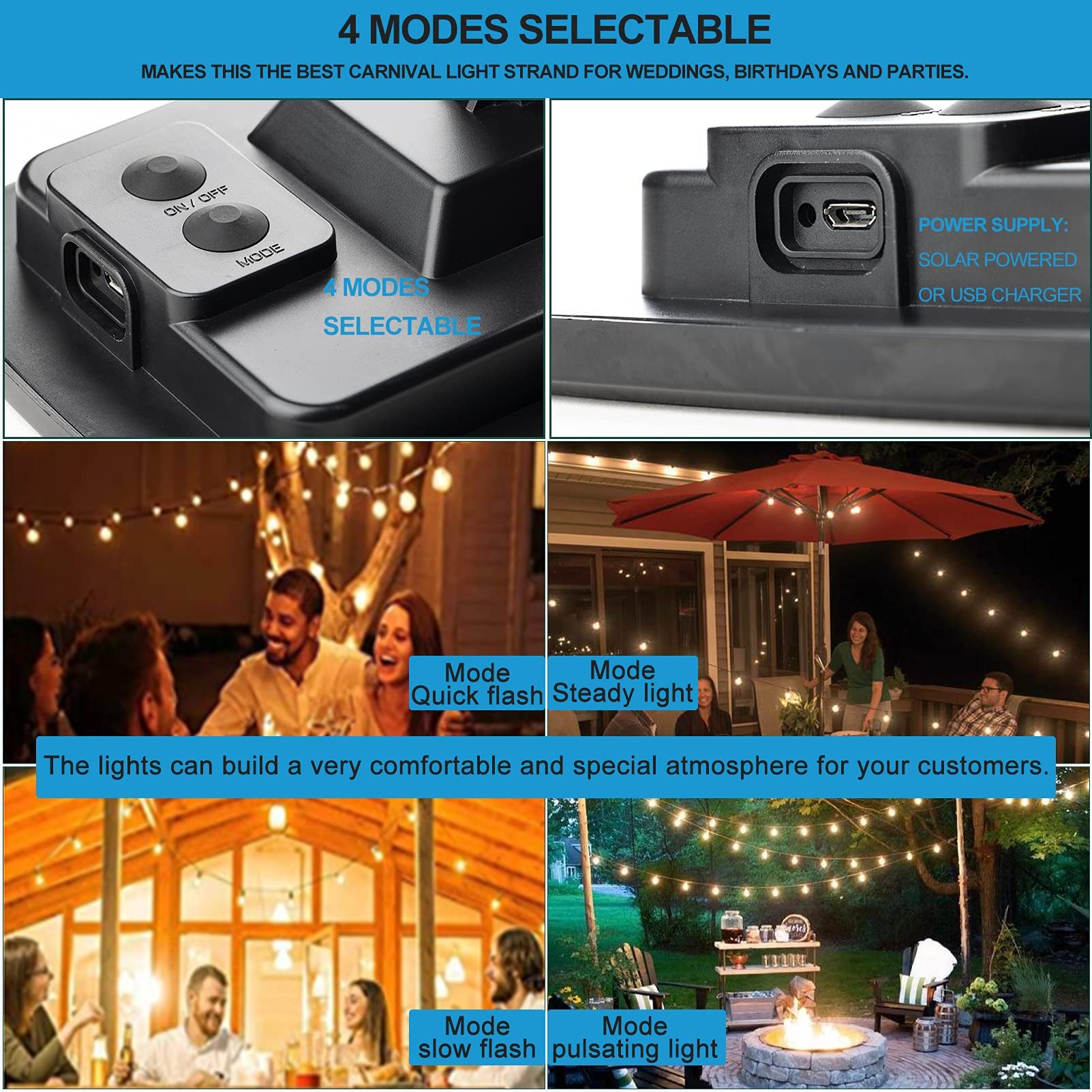 Lightdot Solar Outdoor String Lights, 48FT, Warm White, Waterproof, 16 Shatterproof LED Bulbs