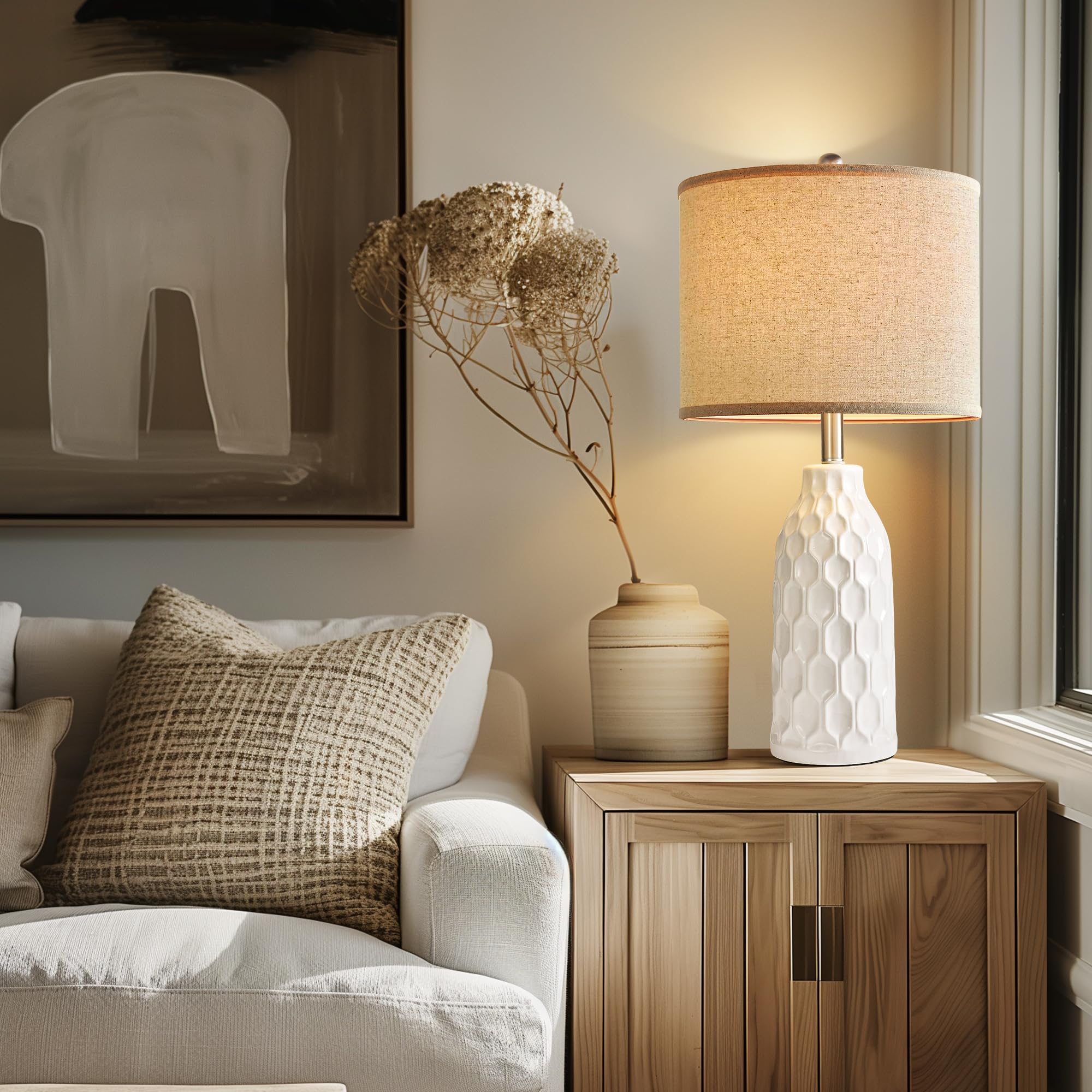 Bzzmmb White Ceramic Table Lamps Set Of 2, 26.8&quot; Modern Nightstand Lighting, Bulb Not Included