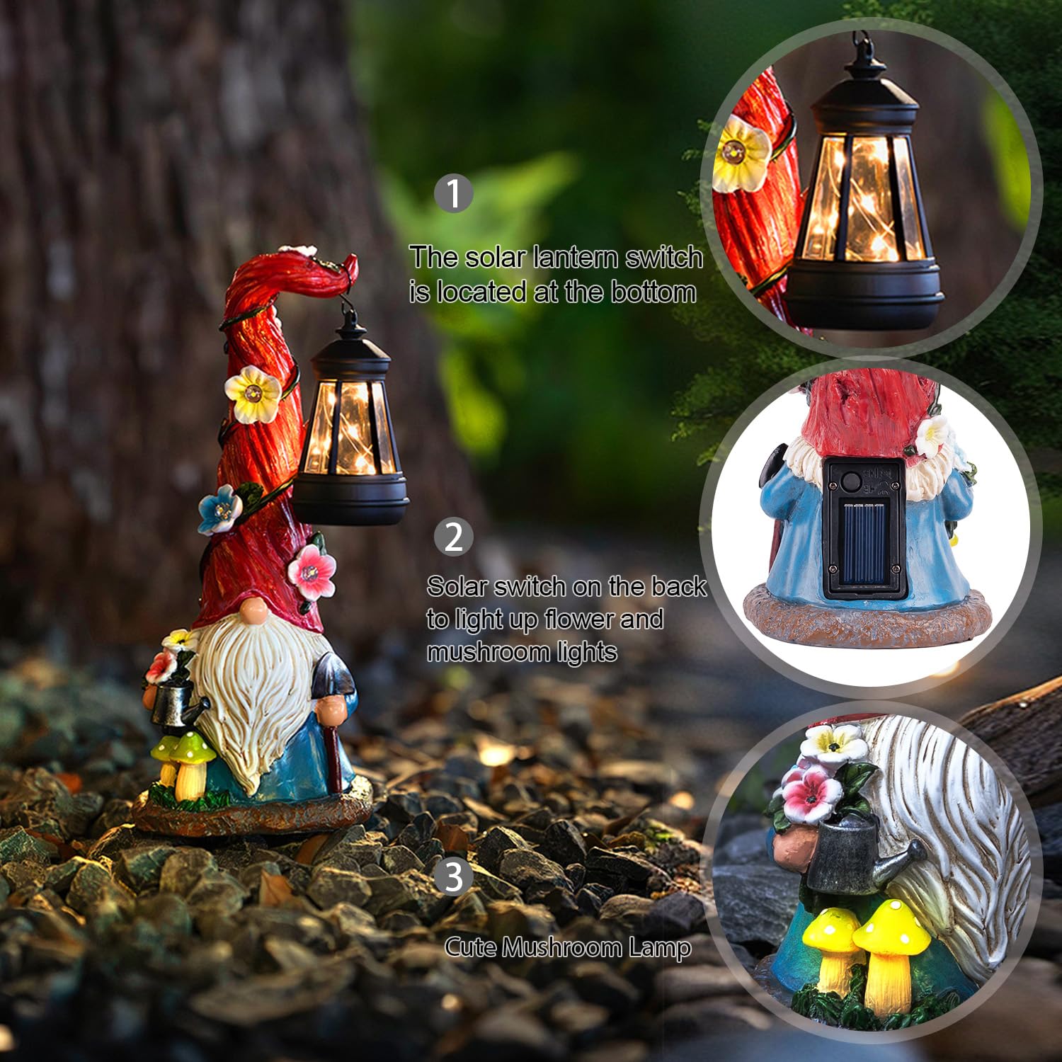 TIJNN Solar Garden Gnome Statue with Lantern, 12in Resinous Dwarf Gardener Decor, Gnome Gardener Model TIJDX-001