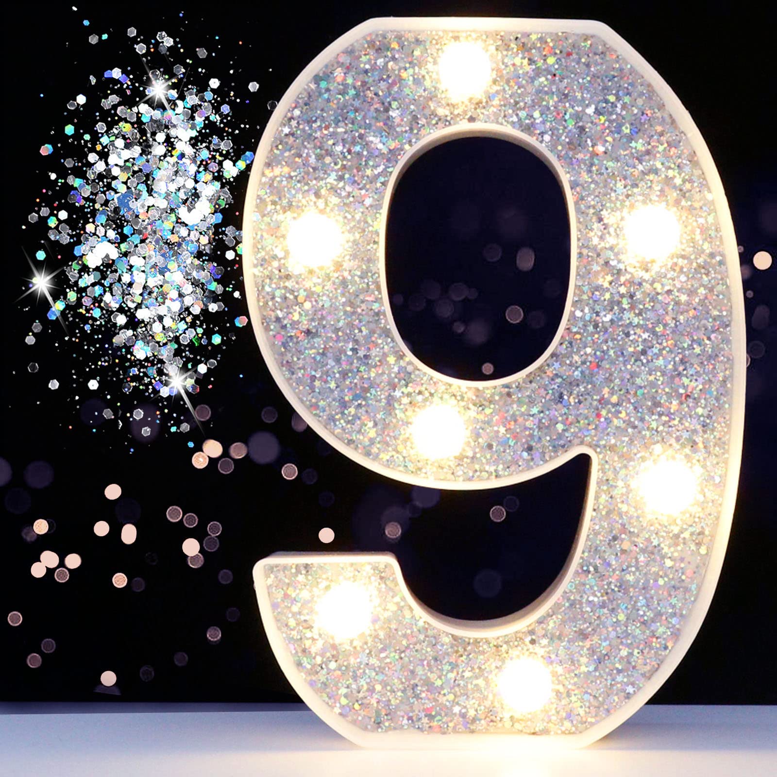 Pooqla Marquee Numbers Light - Silver Glitter Number 9, Battery Powered Night Light for Christmas, Wedding, Home Bar, Birthday Party Decor