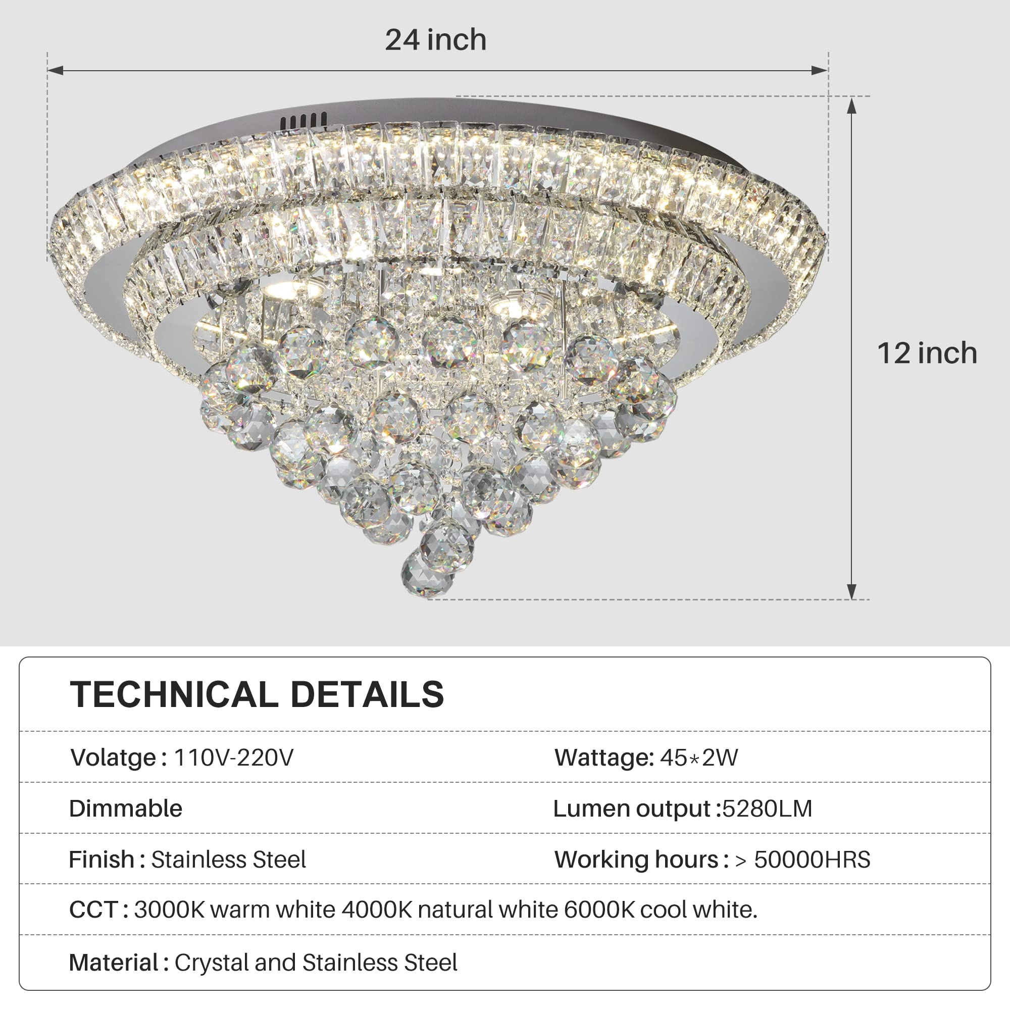 Miuyhji 24" LED Crystal Raindrop Flush Mount Chandelier Light Fixture - Dimmable, Silver, SUS304/K9 Crystal for Living Room, Kitchen, Bedroom