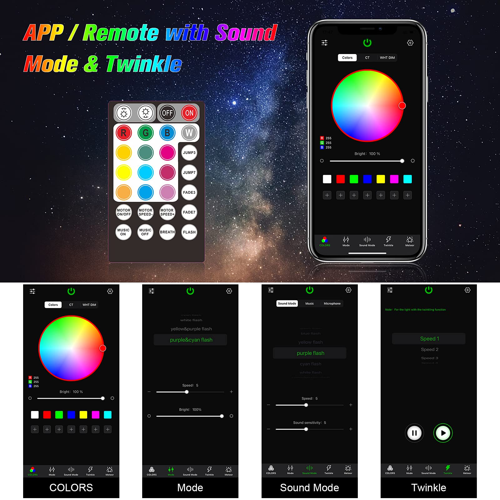 CHINLY Starlight Headliner Kit, 800pcs Fiber Optic Lights, 13.1ft, RGBW, Bluetooth App Control, Model QJ-L020, Multicolor