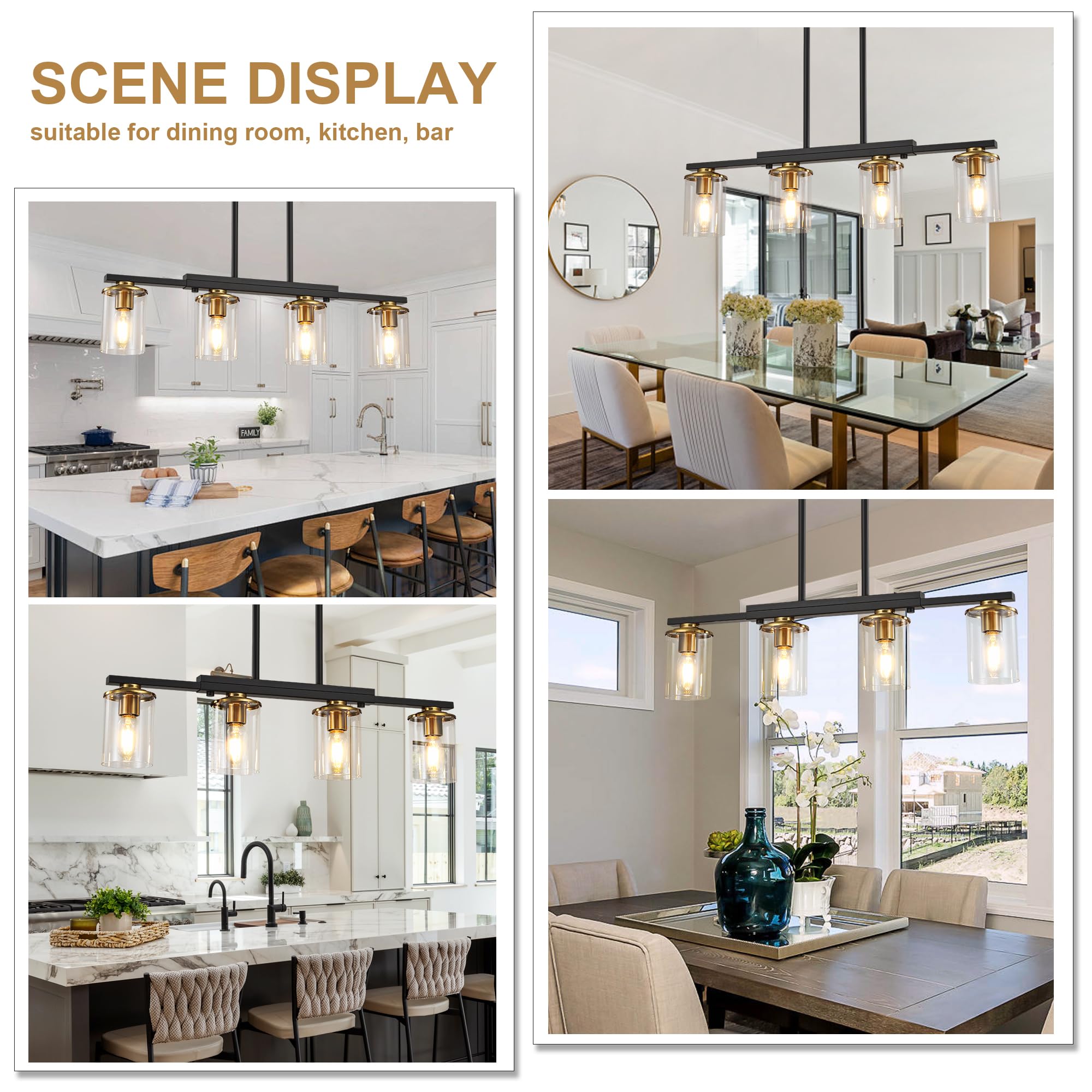 XvmBvm 4-Light Kitchen Island Chandelier, Modern Rustic Black & Gold with Clear Glass Shade, Model X3002-4