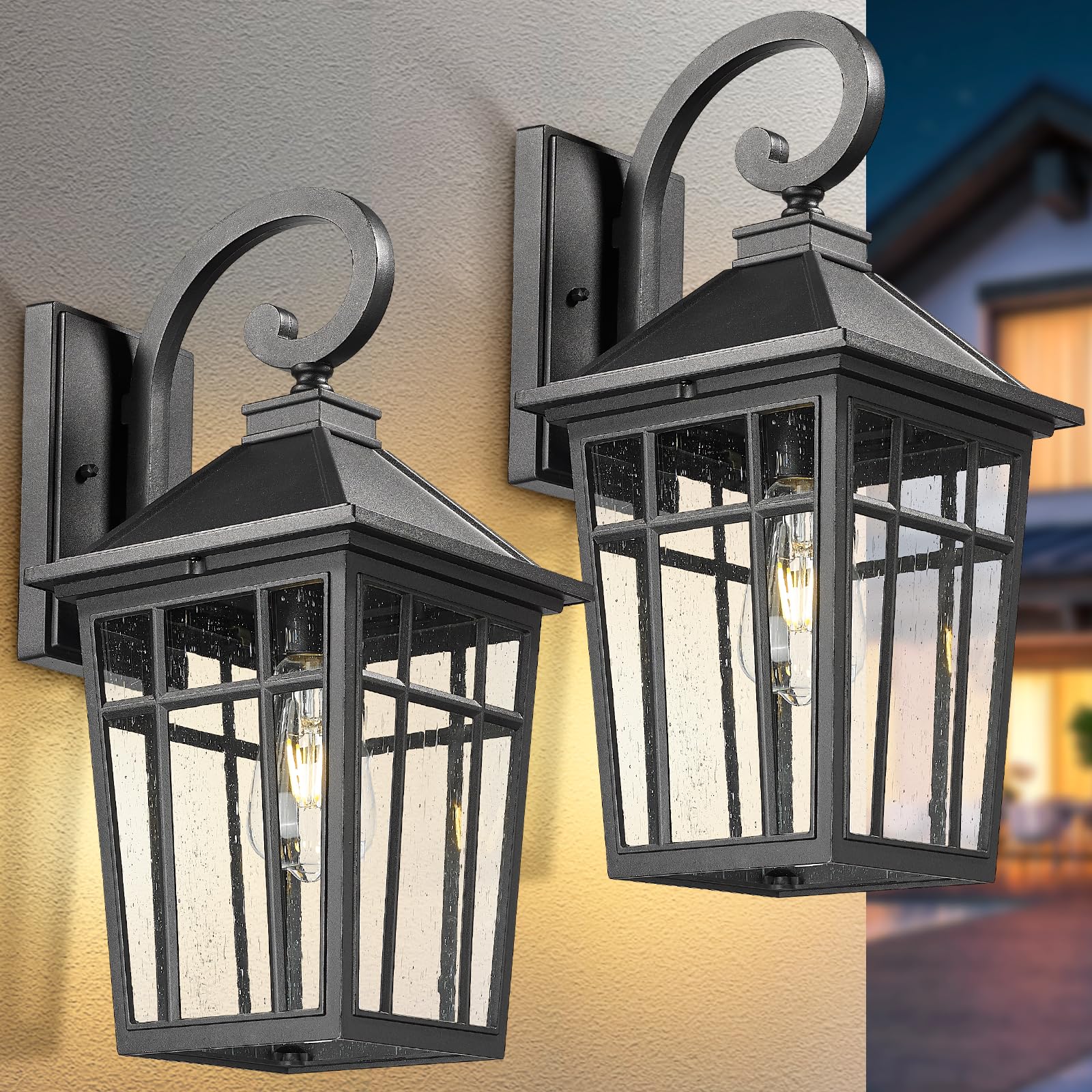 Darkaway Large Outdoor Wall Lights - Black Aluminum Sconce with Seeded Glass, 18" Exterior Fixtures, 2pcs for Porch & Garage