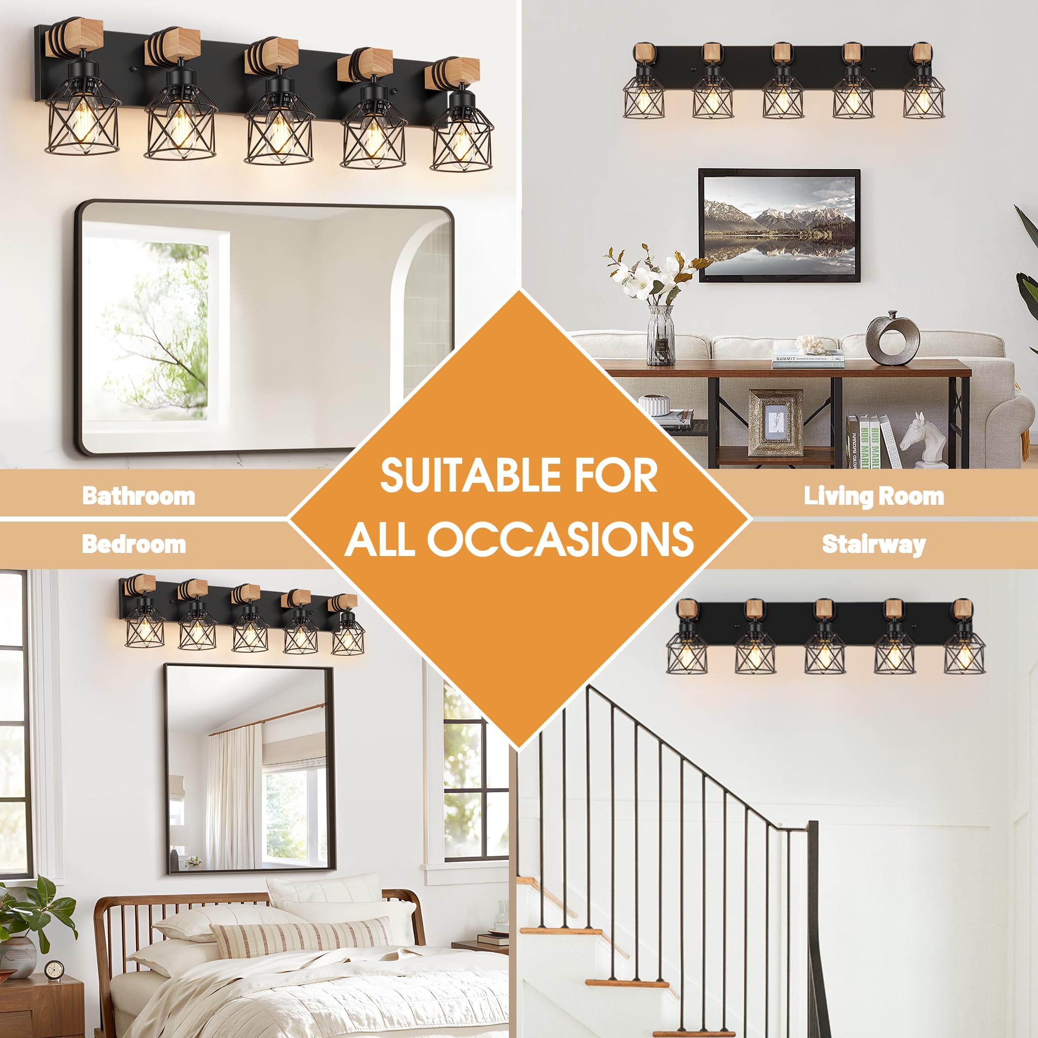 Fadimikoo 5-Light Wooden Black Bathroom Light Fixtures  Rustic Style Vanity Wall Sconces Lighting With Metal Cage  Farmhouse Bathroom Lights Wall Mount For Bedroom  Living Room  Entrance