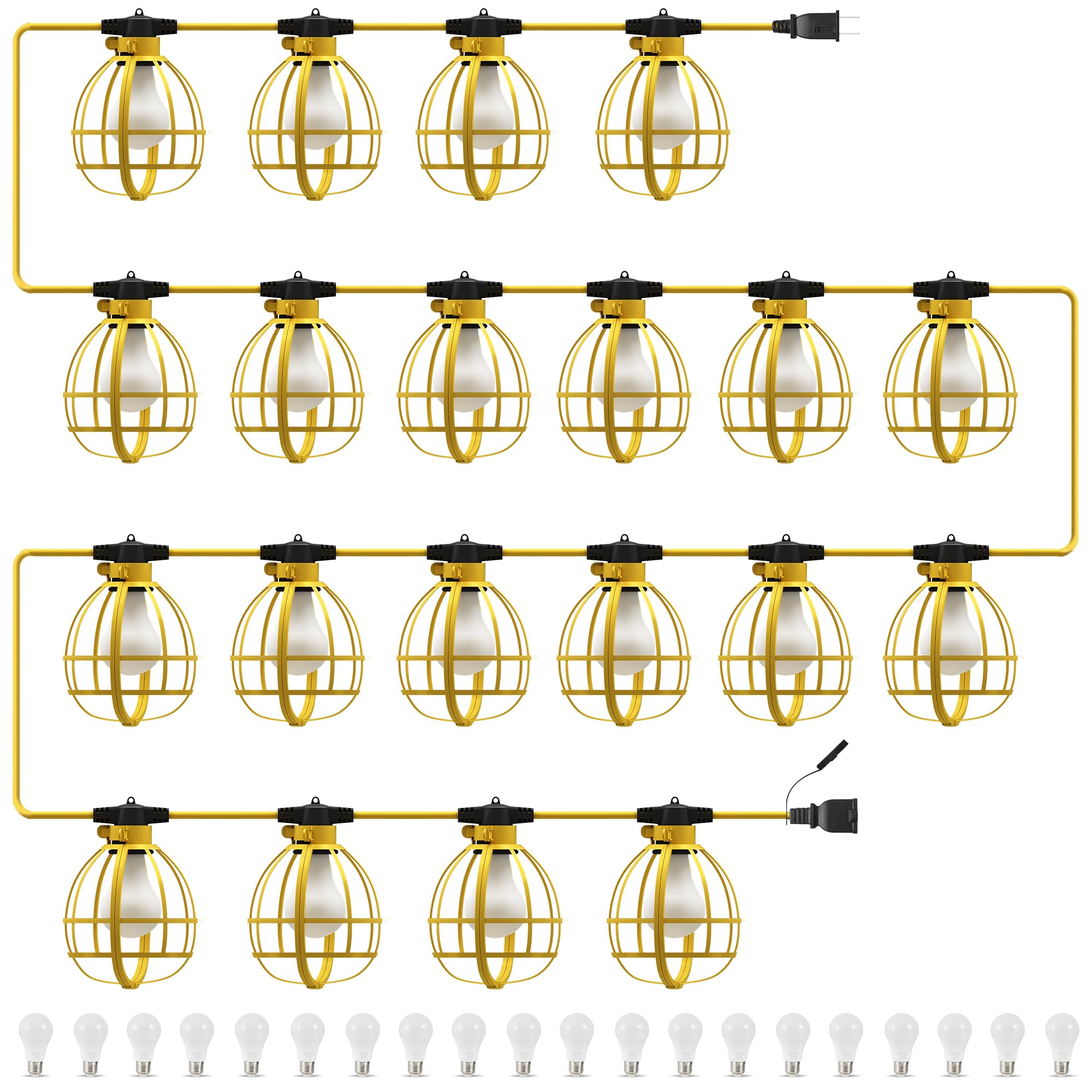 Lediary 200Ft Construction String Lights, 20 Bulbs 200W 21000Lm Work Lights With 20 Medium Base Sockets, Linkable Temporary Construction Lighting For Job Site Workshop Basement