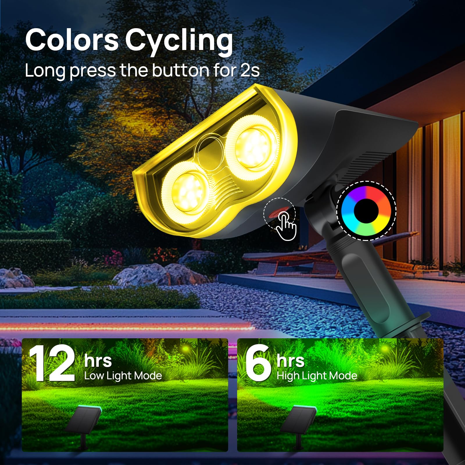 Consciot Solar Spot Lights Outdoor, 16 LEDs, IP67 Waterproof, 2 Pack, Multicolor, Model OC-GL-034B