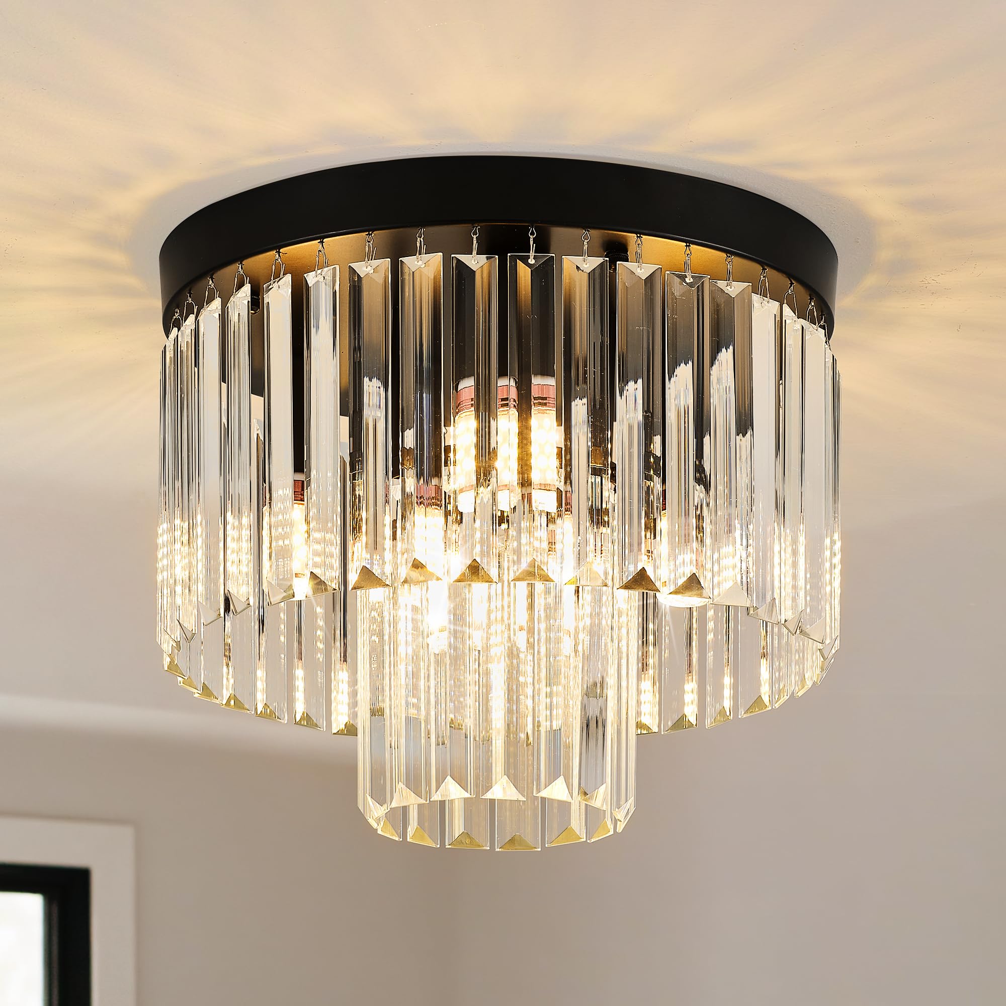 Faibra 12.6'' Black Crystal Ceiling Light 4-Light Modern Fixture 2-Tier Luxury K9 Crystal, For Dining Room Kitchen Island Living