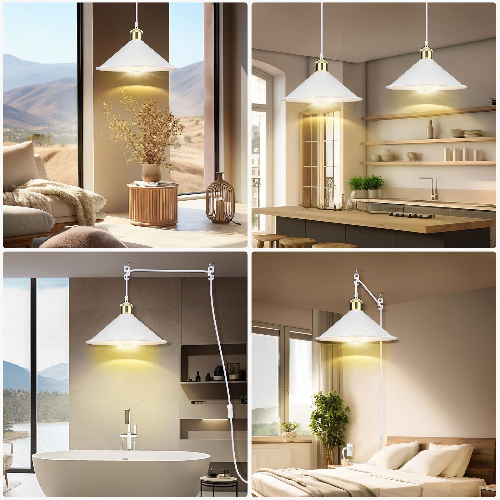Lyoowng Industrial Plug-In Pendant Light With 13Ft Cord & On/Off Switch - Vintage White Fixture