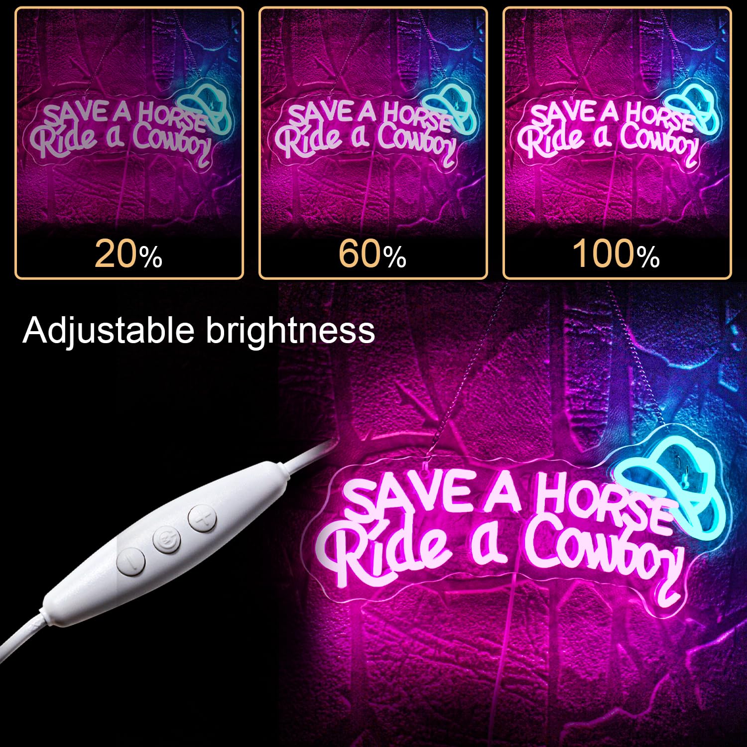 WLHOPE Neon Sign, Save A Horse Ride A Cowboy, Adjustable Brightness, Silicone, USB Connectivity, Wall Decor, A-save a horse