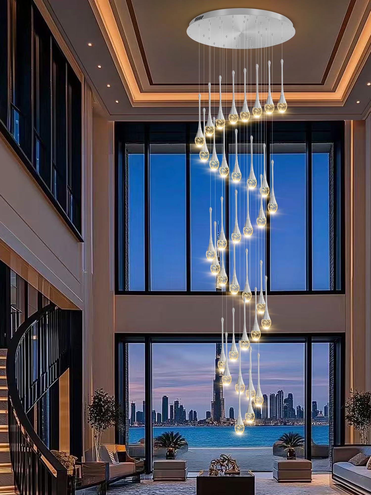 Ykolupty 150In High Ceiling Chandelier For Foyer Entrance 36-Light Crystal Silver Chandelier Light Fixture Large Ceiling Light For Living Room Staircase Hallway Dining Room