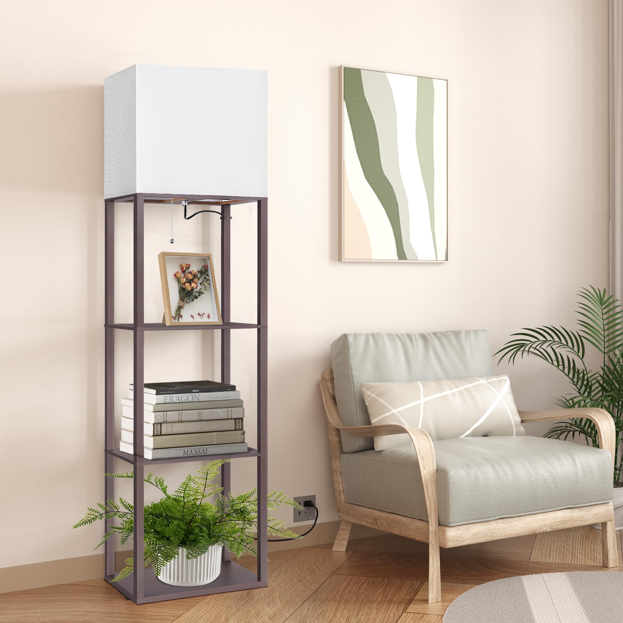 Dott Arts Floor Lamp with Shelves, 15.7in Wide, Wood, Walnut, Model WLM1600-FLA-15W-12, 3 Color LED Bulb